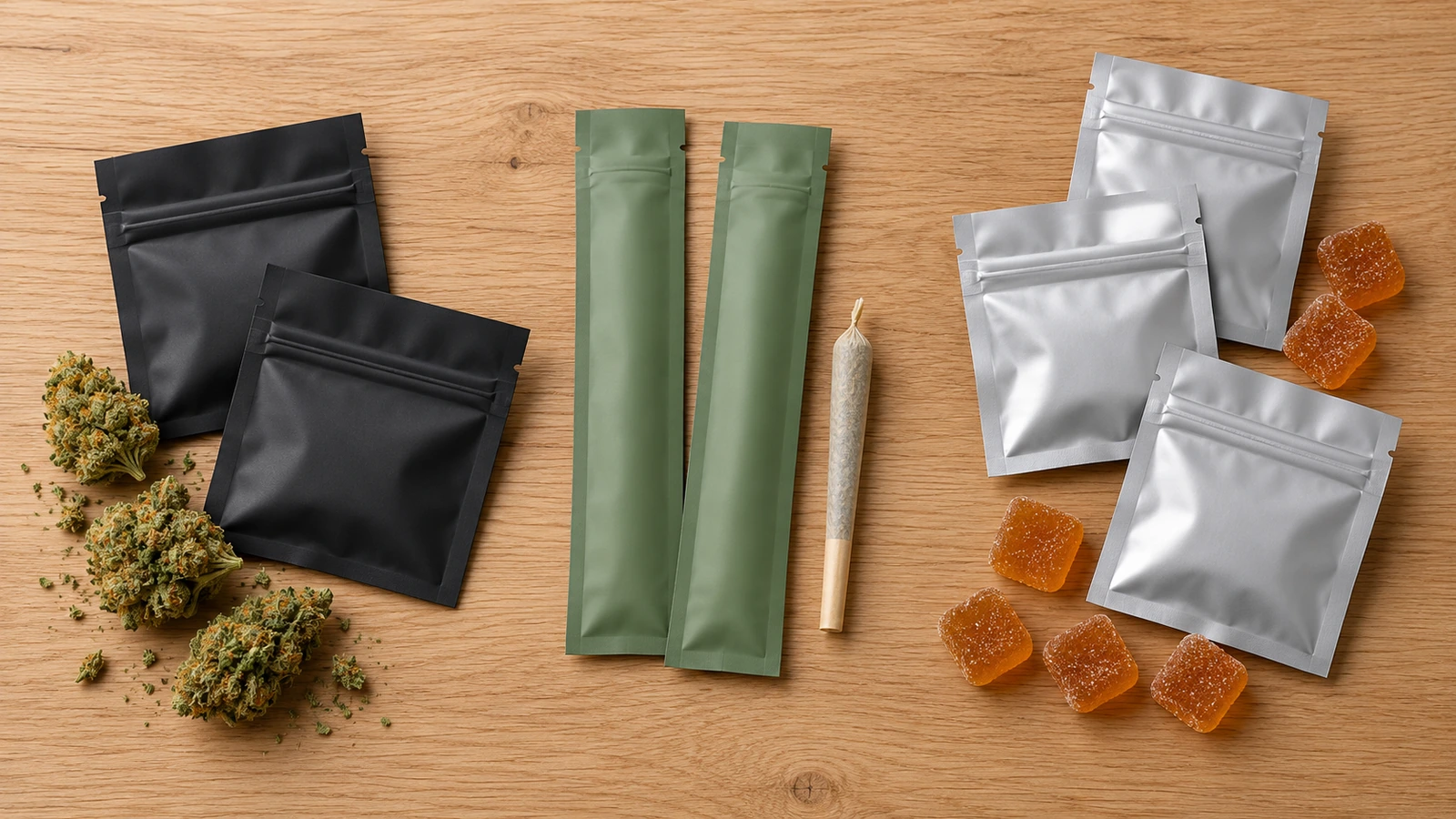 按产品线分类的三组哑光平面 Mylar 袋：大麻花样品、单支预卷和独立定量软糖