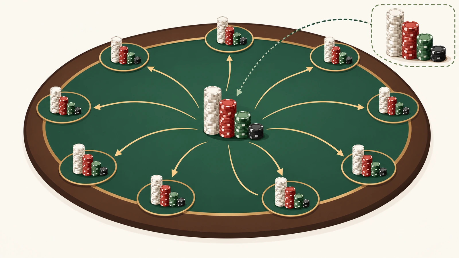筹码银行示意图：按面值排列的不同高度筹码塔，箭头将等量的起始筹码发到玩家座位上，另有一座备用筹码塔留作重购