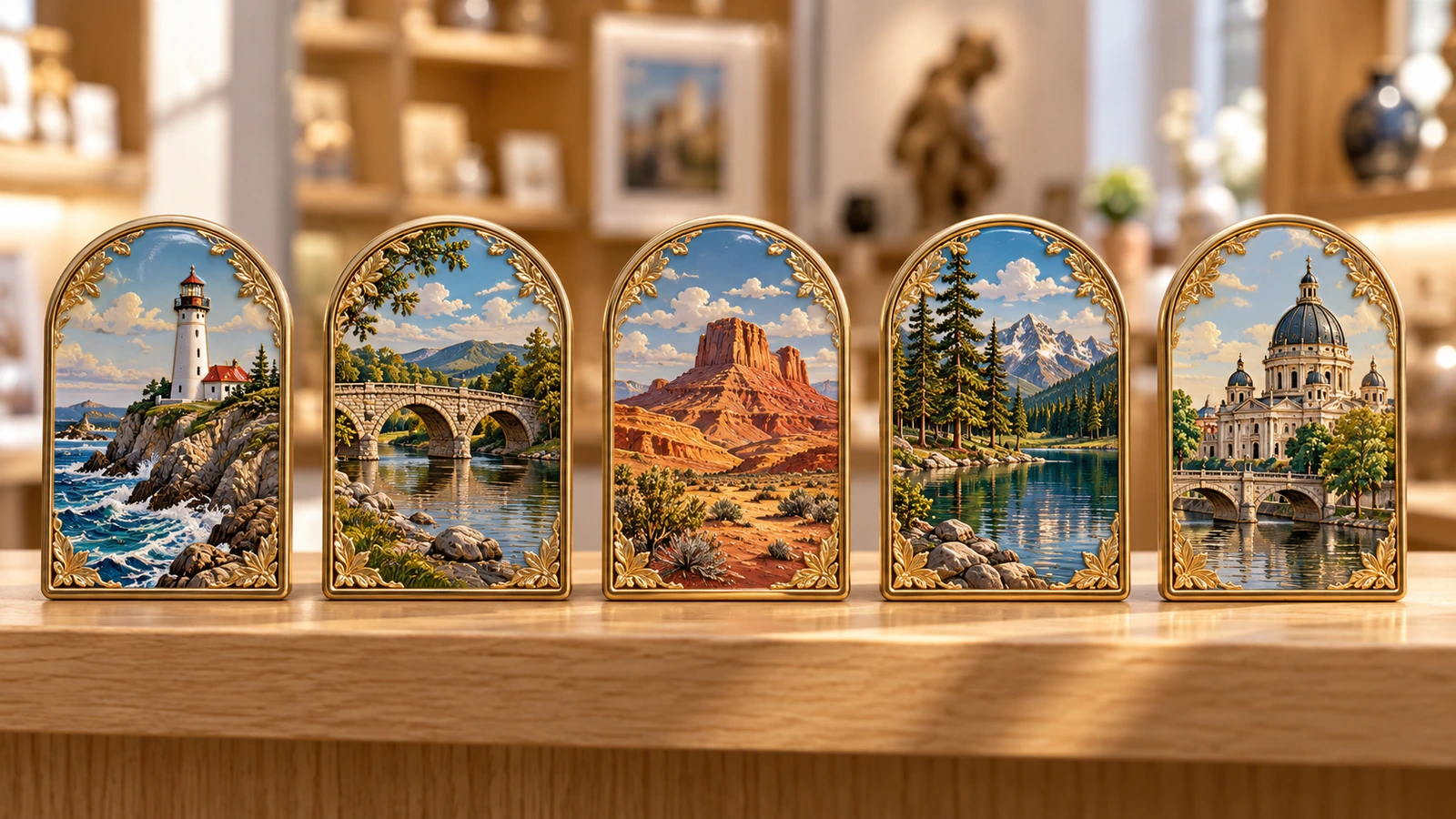 一排共用同一压凸边框的马口铁冰箱贴，每枚展示不同的地标场景，构成目的地纪念品系列