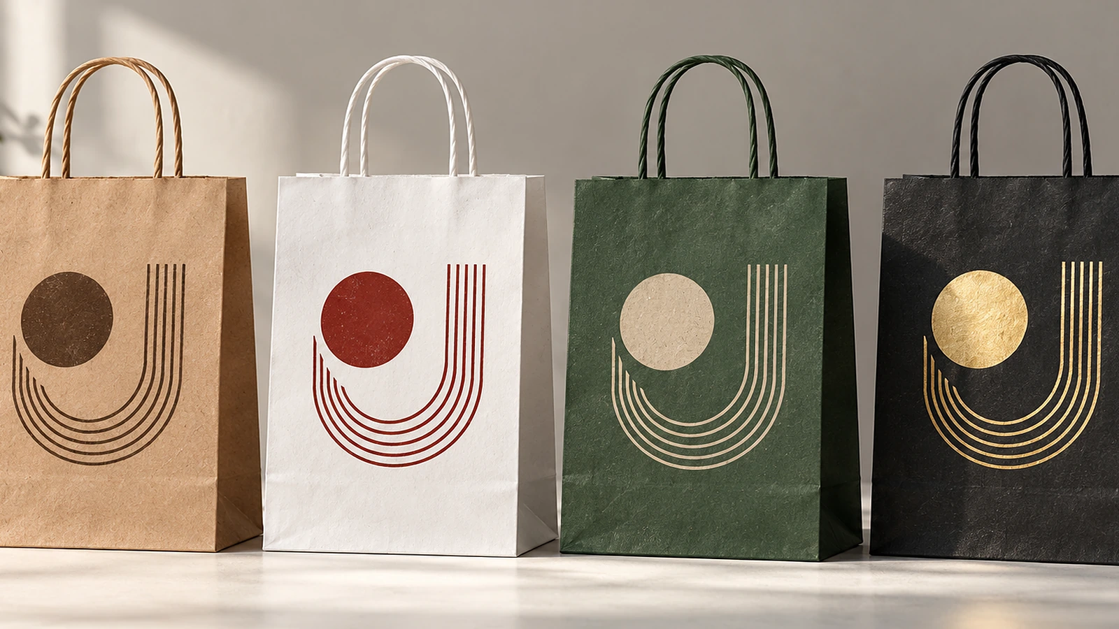 一排带扭纸提手的原色棕、白色、彩色和黑色牛皮纸袋