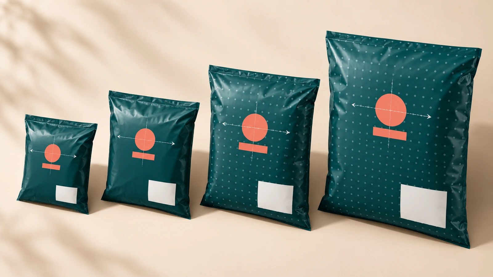 一组尺寸渐变的品牌塑料快递袋，品牌图形保持在同一个按比例确定的锚点位置，并用对齐箭头相连