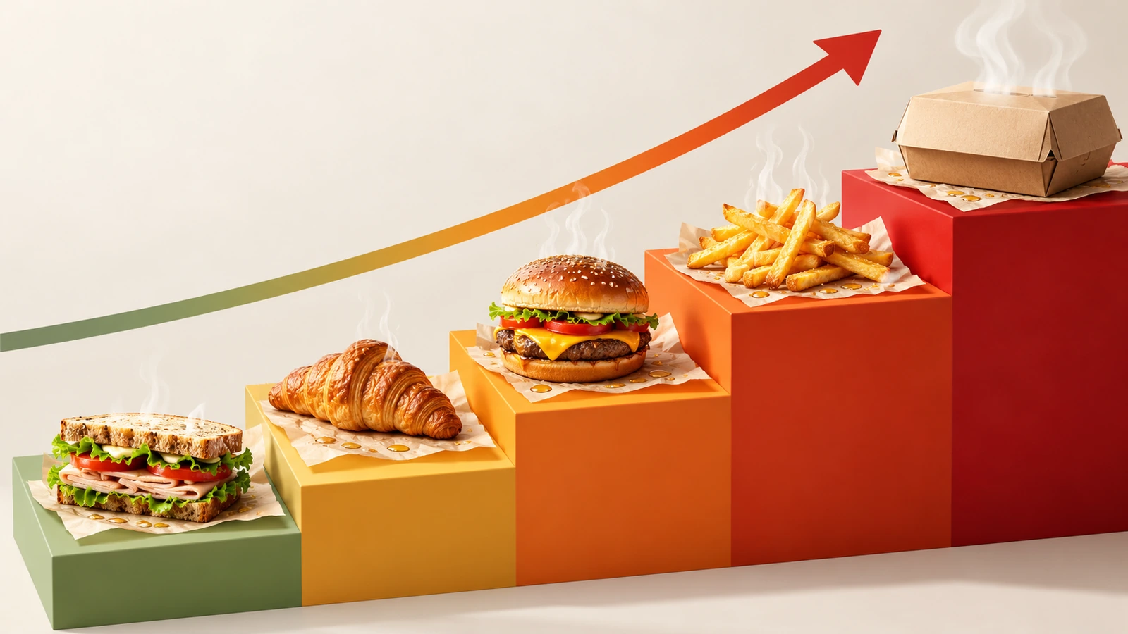 阶梯示意图：外卖食品从牛角包、三明治逐级上升到薯条和封闭的配送盒，每一级的油滴和热气不断增多，表示防油阻隔要求逐步提高