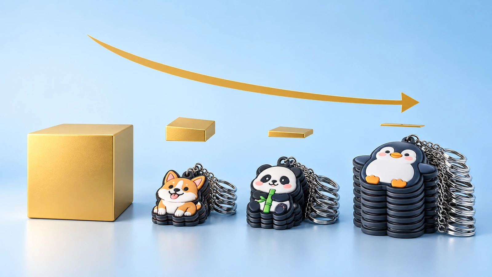 一个固定的模具成本块被分摊到逐渐增多的钥匙扣上，展示数量增加时每件分摊的模具费随之下降
