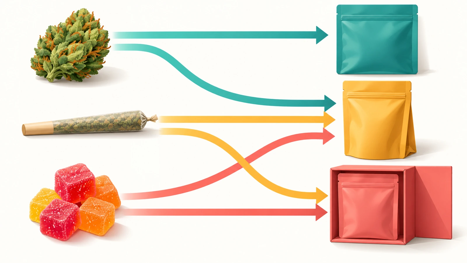决策流程图，用彩色图形和箭头将大麻花、预卷和食用类产品分别引向平袋、自立袋或带外盒的袋型