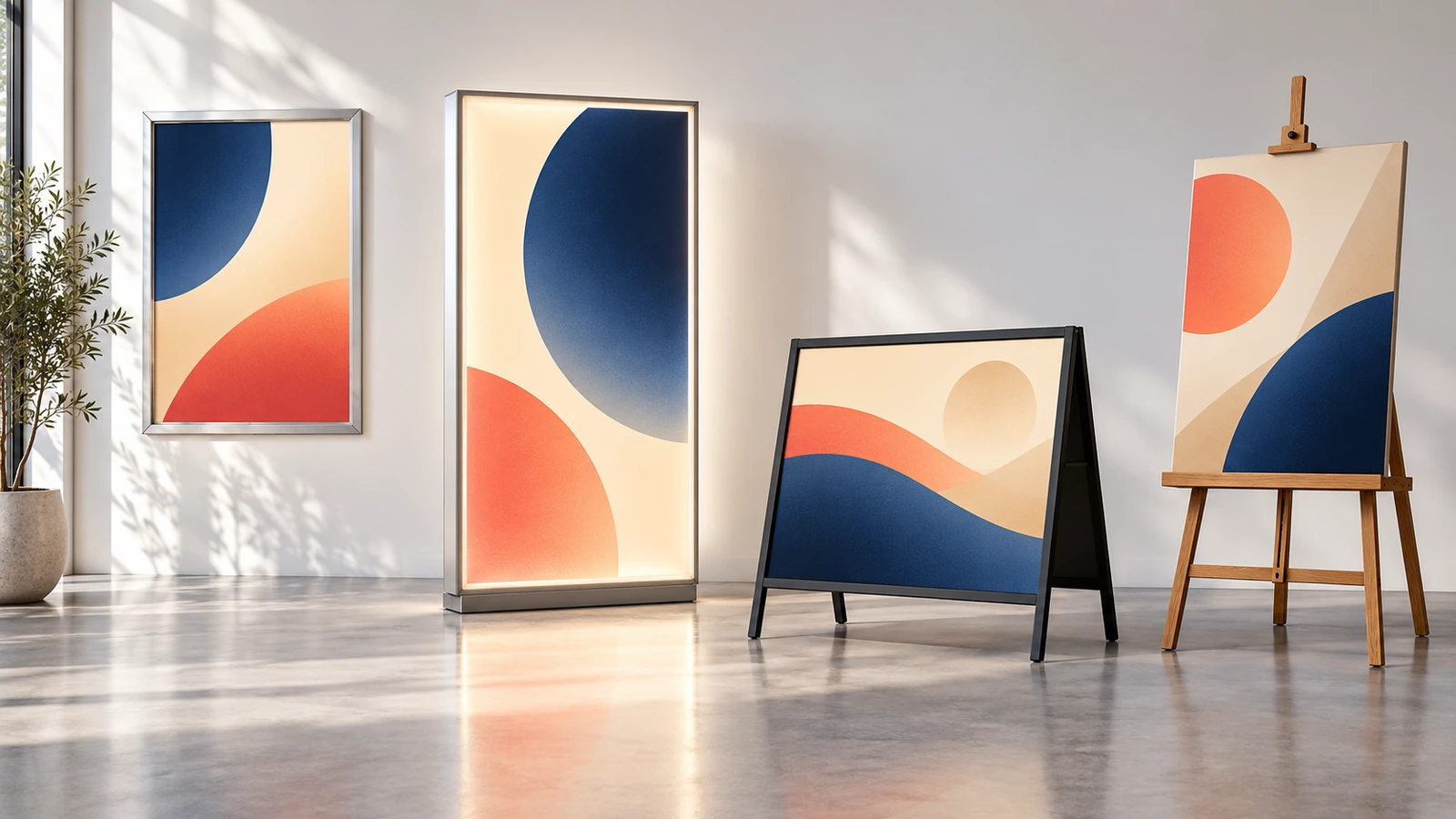 洁净展厅中一排空白展示设备：铝制快开画框、背光灯箱、路边A字牌和活动画架，每件都放着一张纯色块海报