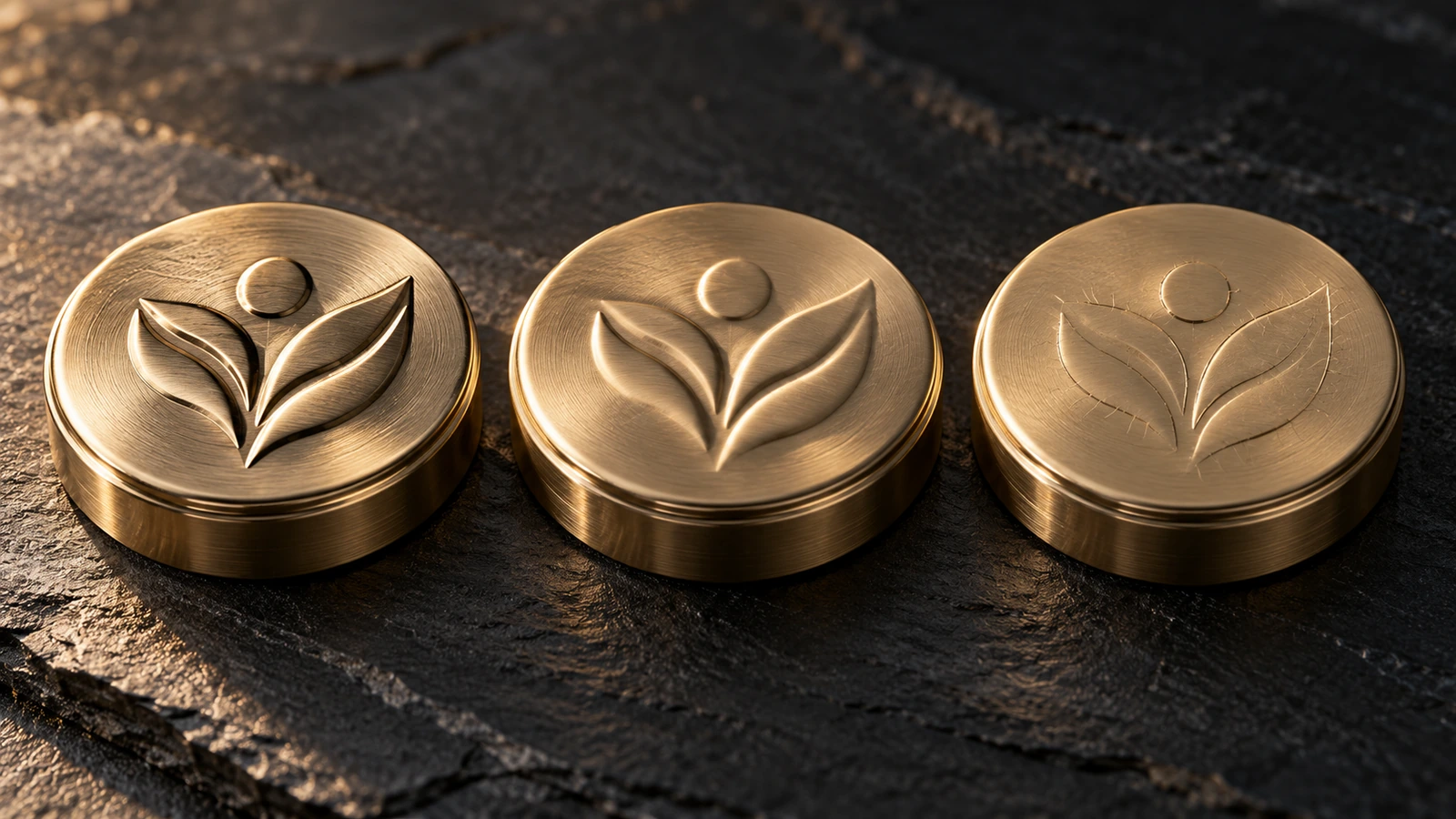 三个带有相同压花图案的金属盖：软质板材上为清晰的深浮雕，中等板材上为柔和的浮雕，硬质板材上为带应力纹的浅浮雕