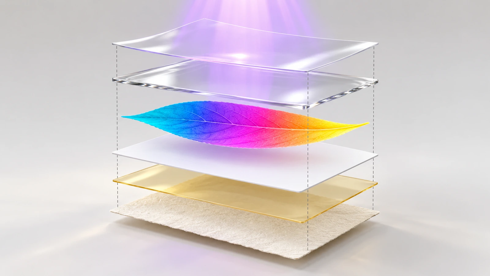 UV 转印贴纸的分解剖面图,按顺序依次显示离型纸、胶层、白色油墨底层、彩色油墨、透明清漆和透明转移膜