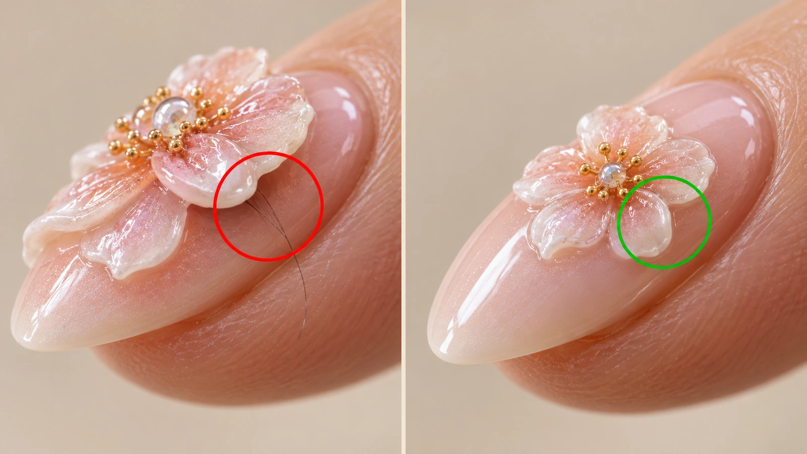 并排特写：一枚凸起美甲贴花在弧形甲缘处翘起，对比一枚较小、平整且已封层的贴花