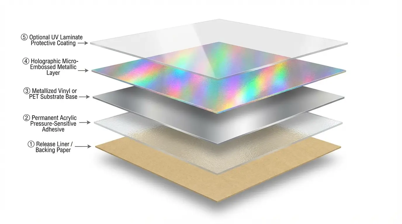 Holographic sticker material composition and layer structure Exploded view of holographic vinyl showing base material, metallic layer, and protective laminate