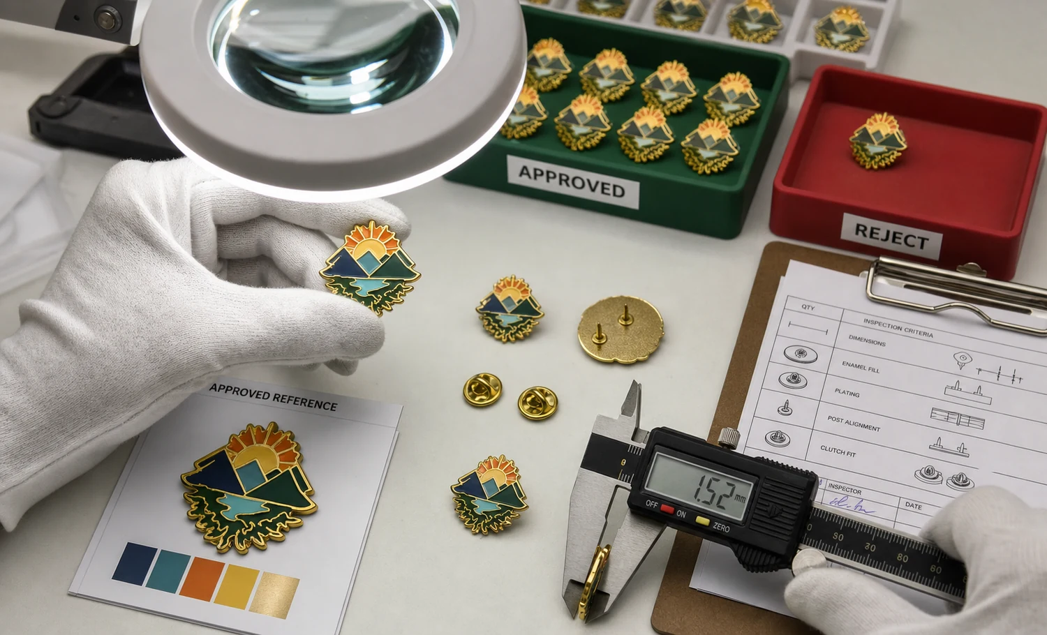 客製化琺瑯徽章品質驗貨清單 品質檢查員在受控光線下檢查琺瑯填色、電鍍、尺寸、針柱和扣件