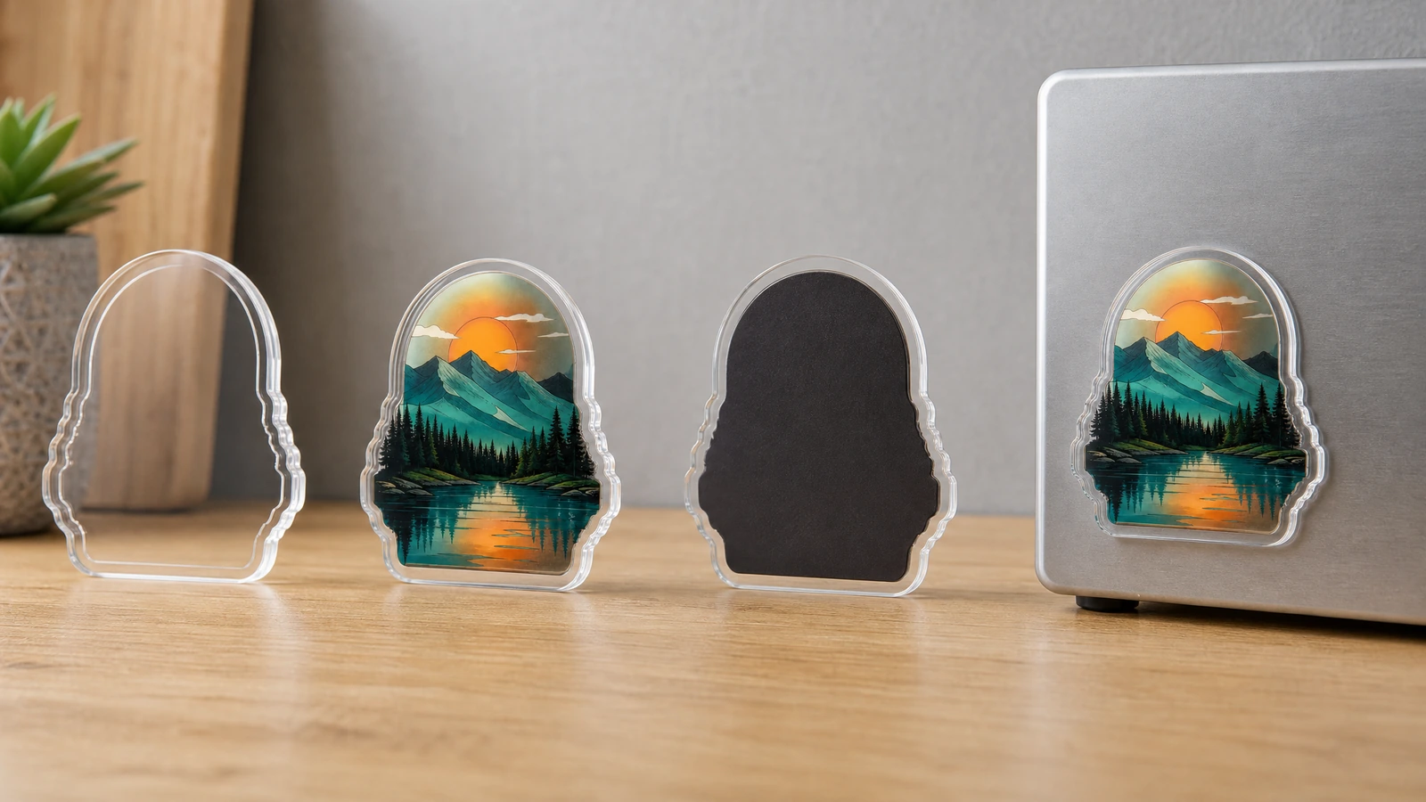 亚克力磁贴组件与展示视图 透明亚克力坯料、印刷横版磁贴和黑色背面,旁边是展示面板