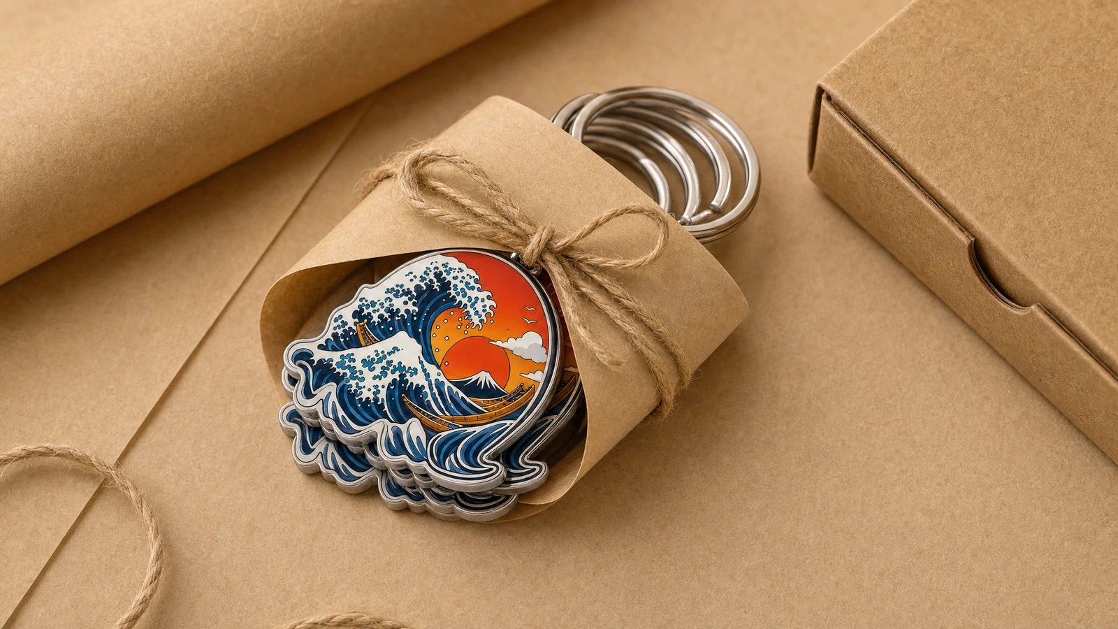 牛皮纸包装的波浪图案钥匙扣 波浪图案钥匙扣叠放,用牛皮纸和麻绳包裹,旁边放着一个盒子