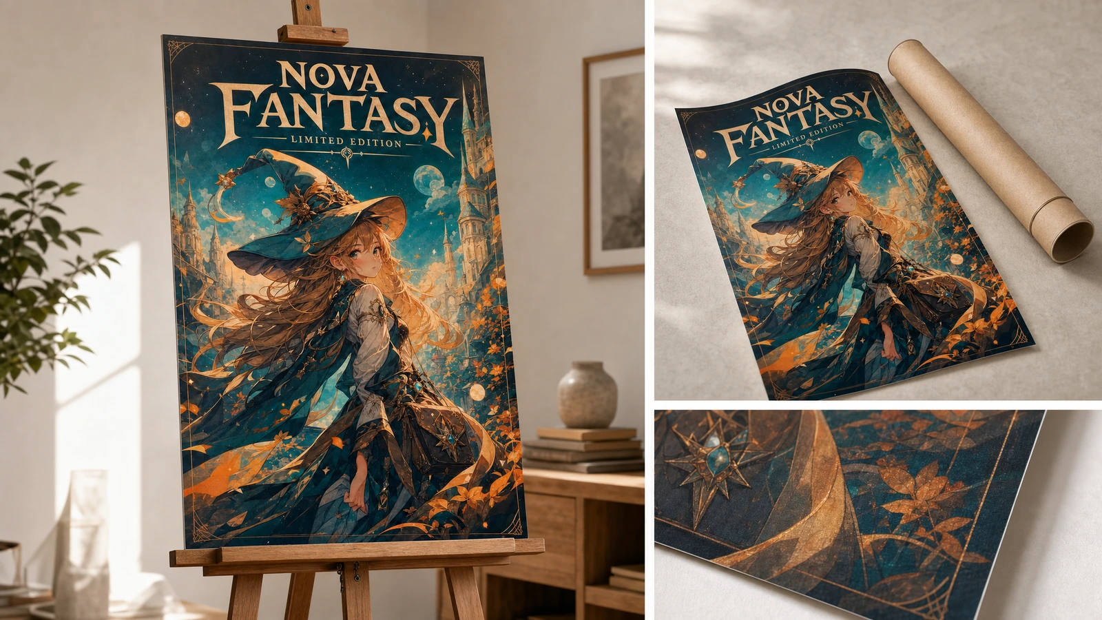 海报展示、包装与印刷细节 奇幻艺术海报置于画架上展示,并附包装与印刷细节的局部视图