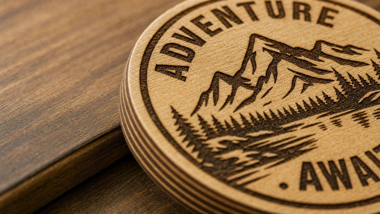 雕刻木质表面与分层边缘 分层木质圆盘上山形雕刻与 Adventure Awaits 字样的特写