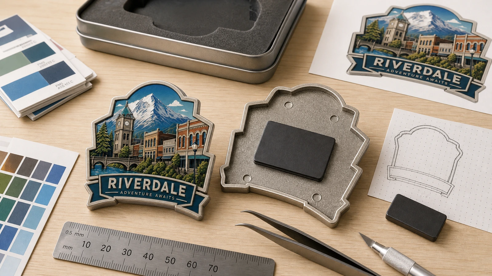纪念磁铁设计与组件展示 示意图:Riverdale 纪念磁铁、背面部件,以及与尺子并排放置的设计稿和色样