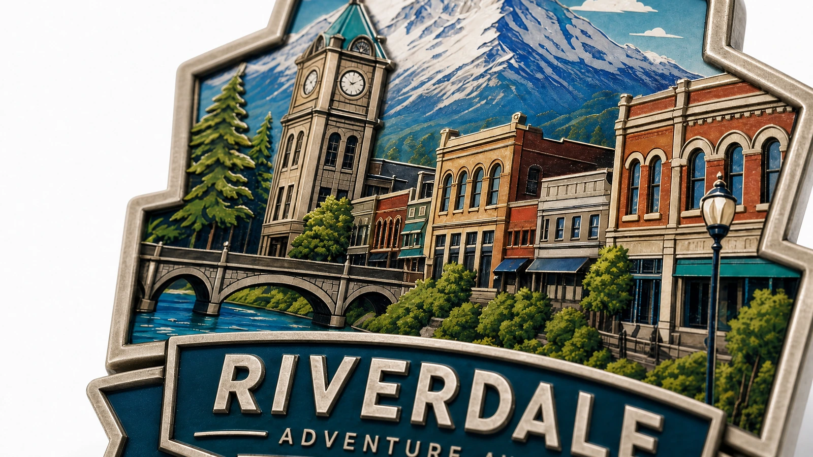 纪念磁铁设计特写 示意图:磁铁表面的建筑、山景图案及 Riverdale 字样特写