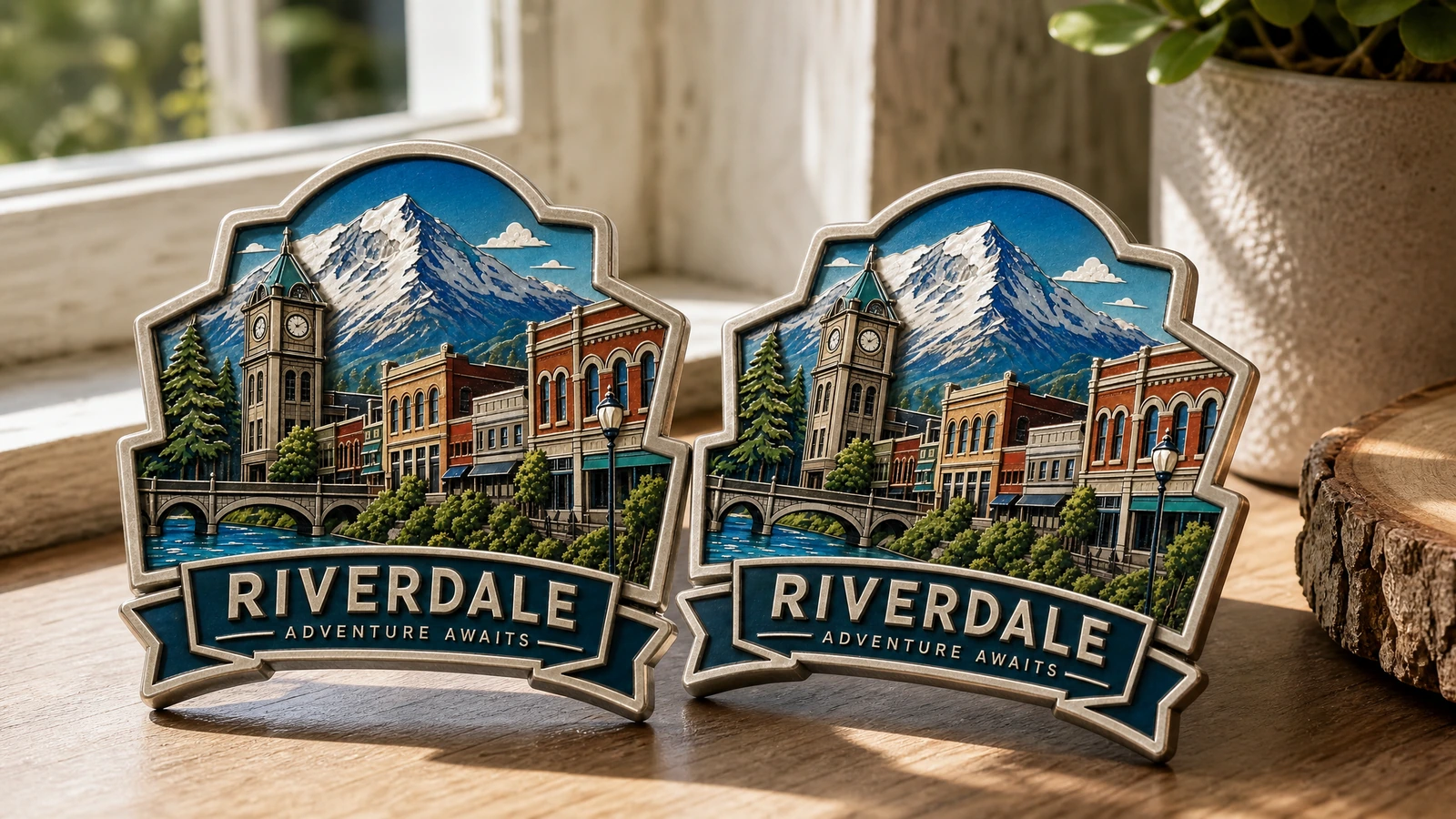 两枚纪念磁铁陈列展示 示意图:一对 Riverdale 纪念磁铁放在木质窗台上