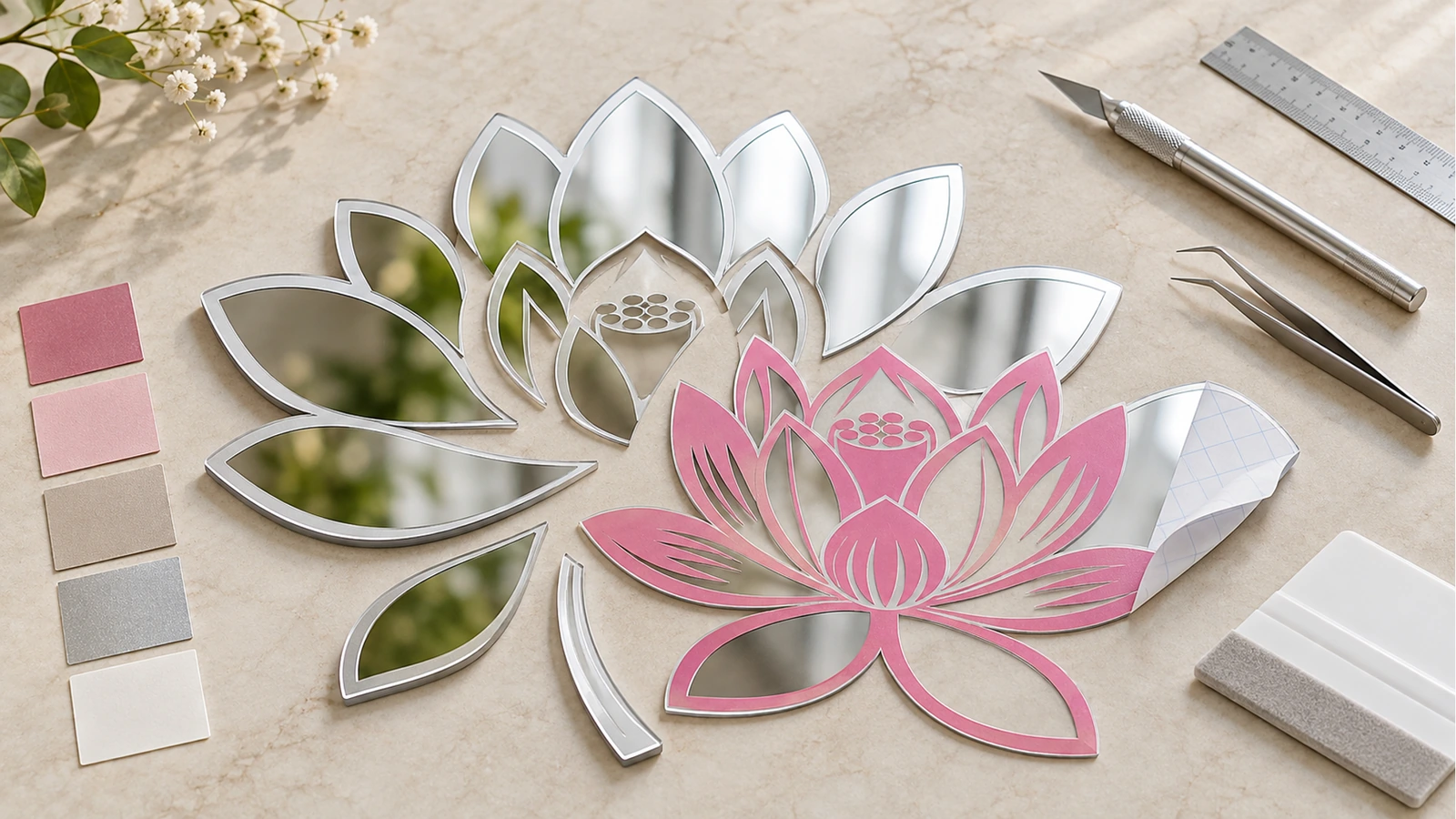 莲花镜面贴纸,附色卡和裁切工具 银色镜面莲花贴纸,旁边有粉色花纹细节、色卡、尺子和美工刀,置于桌面上