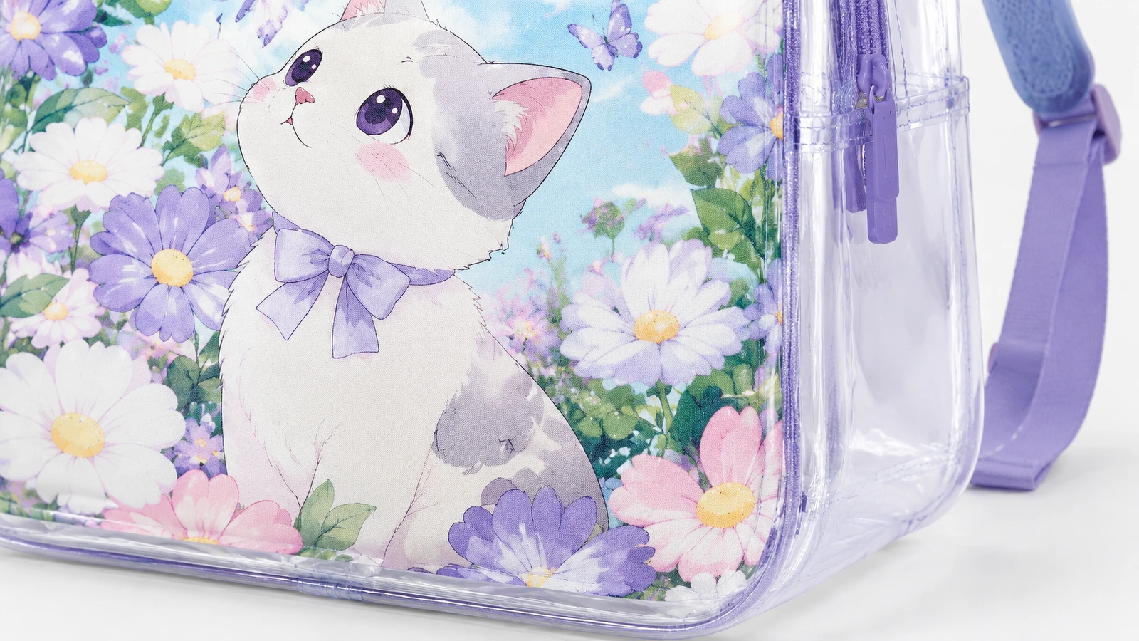 背包图案与侧面板细节 猫与花图案特写,透明侧面板与紫色背包肩带