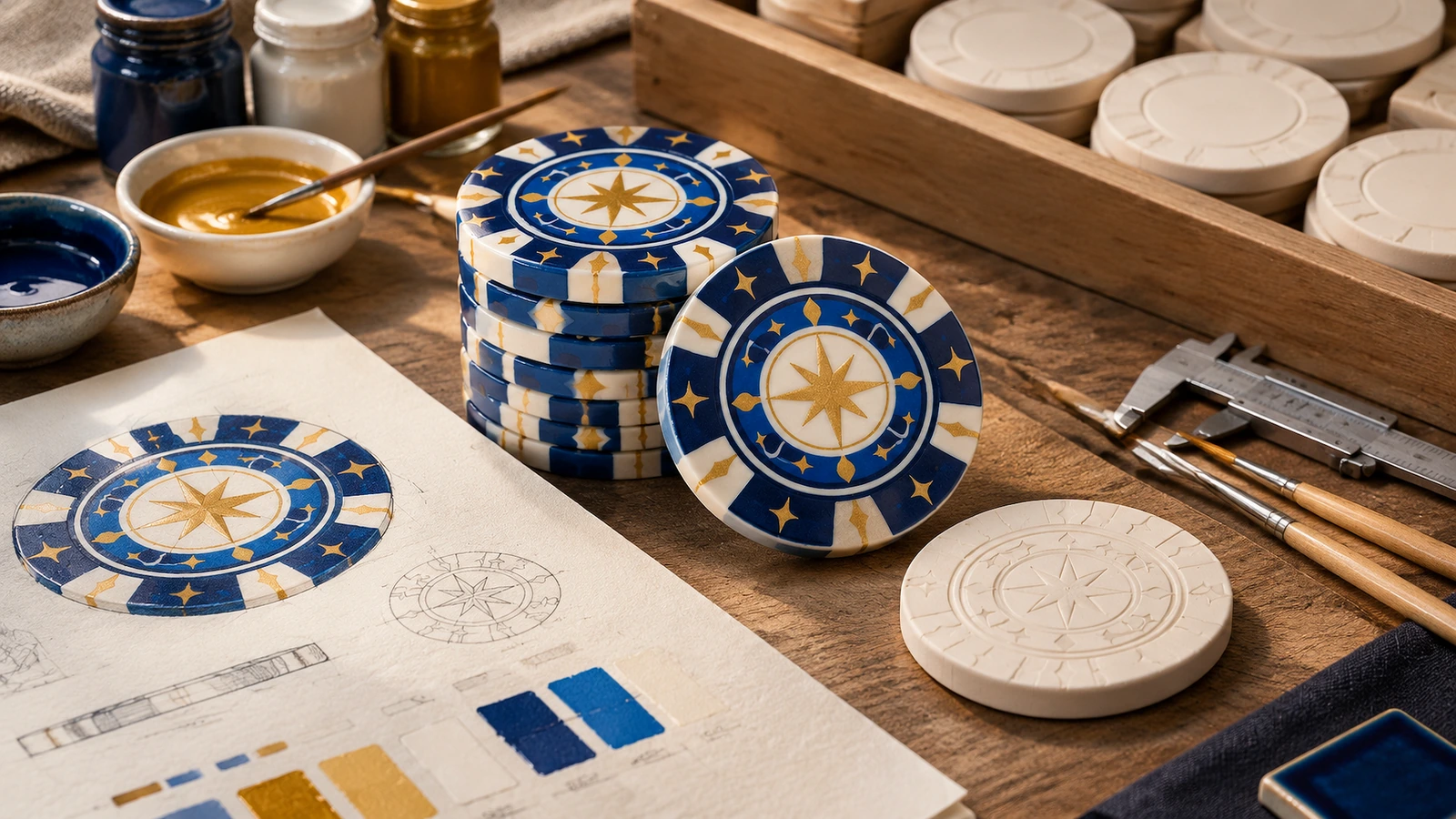 星形图案圆片设计稿及材料 蓝色、白色和金色星形图案圆片及素色圆坯,旁边摆放颜料、工具和设计稿