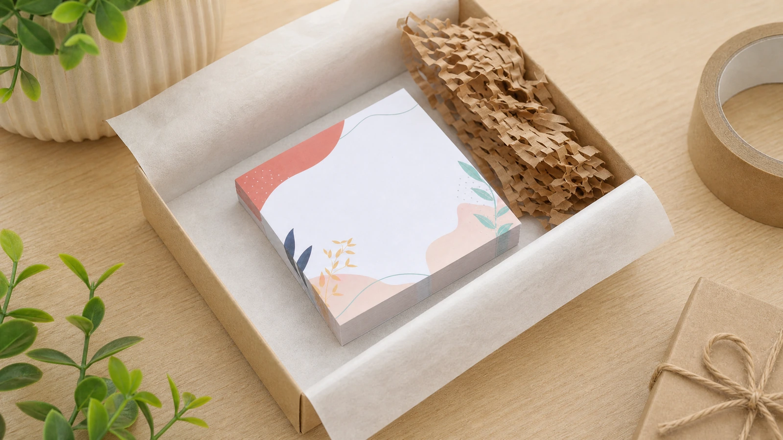 以纸质缓冲材料包装的便签本 印刷便签本装在衬有薄纸的盒中,并以蜂窝纸缓冲