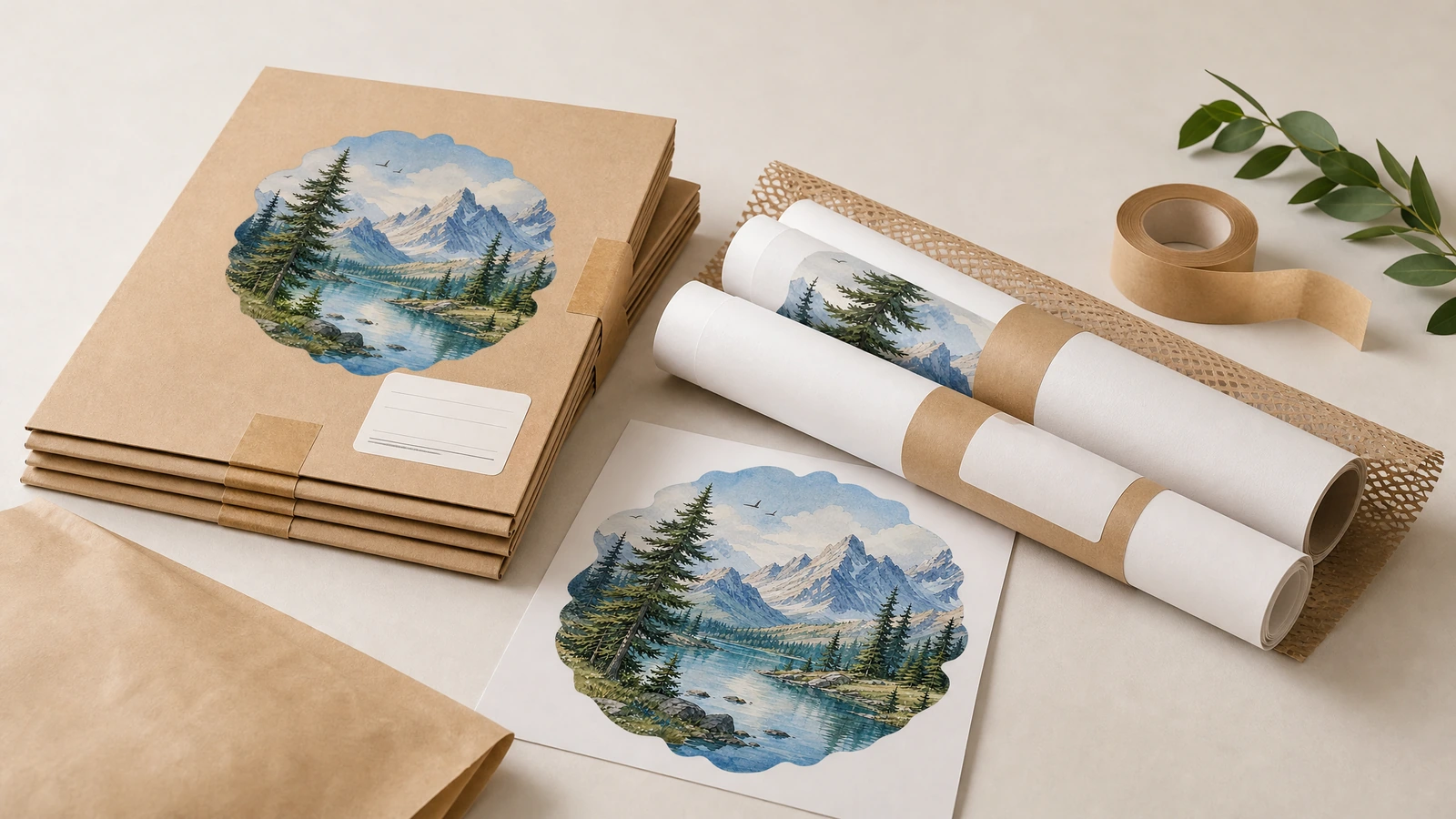 山湖墙贴样品与包装展示 桌上平放的纸板包装、用牛皮纸带捆扎的卷状印刷品,以及一张山湖墙贴样品