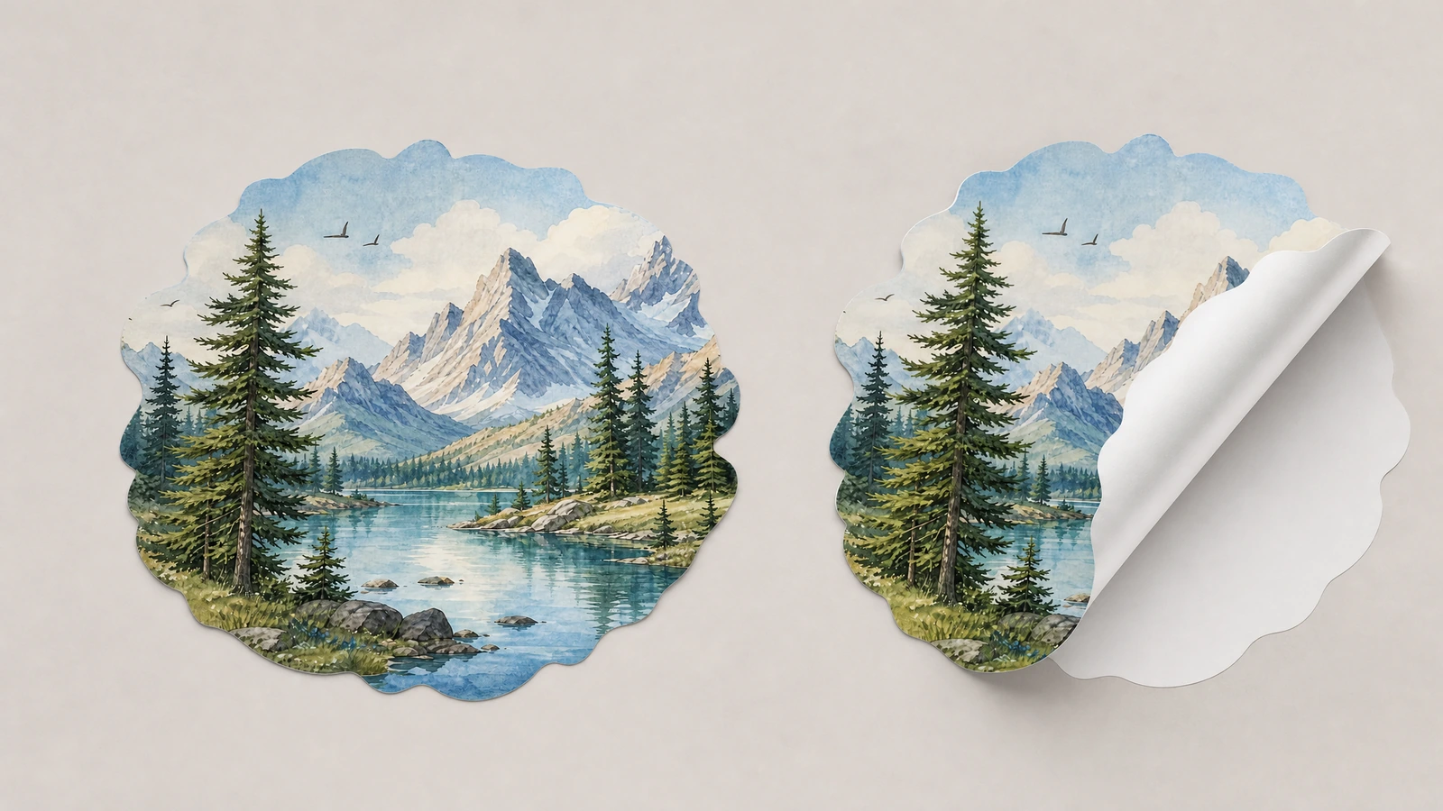 山湖墙贴的揭起视图 两张并排的山湖墙贴,其中一张部分揭起,露出白色背面