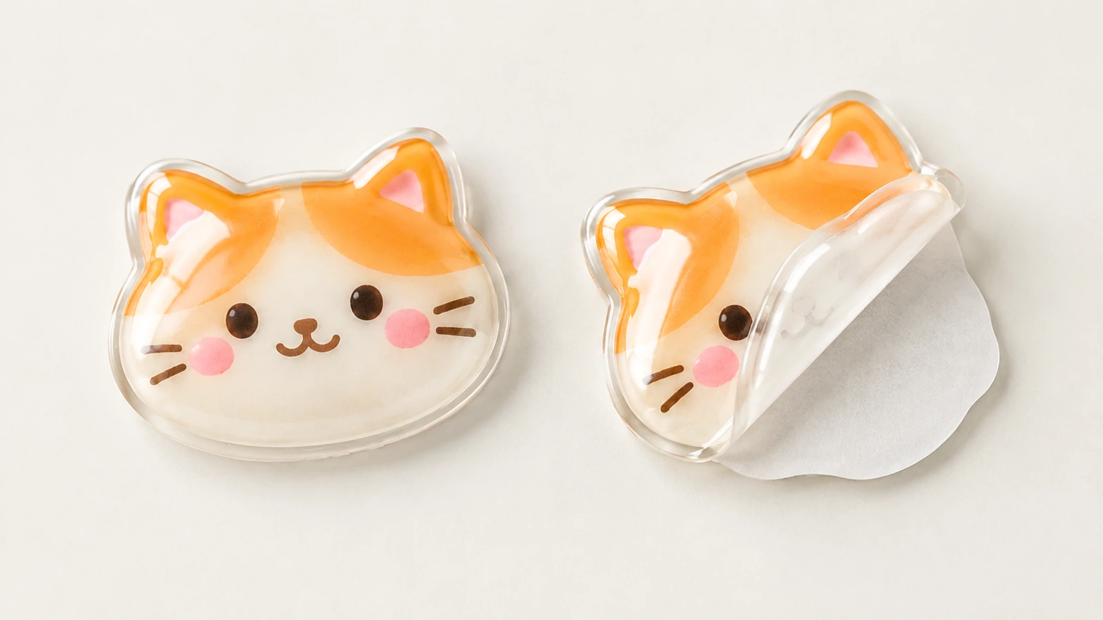 撕去离型底纸的猫形圆顶贴纸 两张猫形圆顶贴纸,其中一张的白色离型底纸部分被撕开
