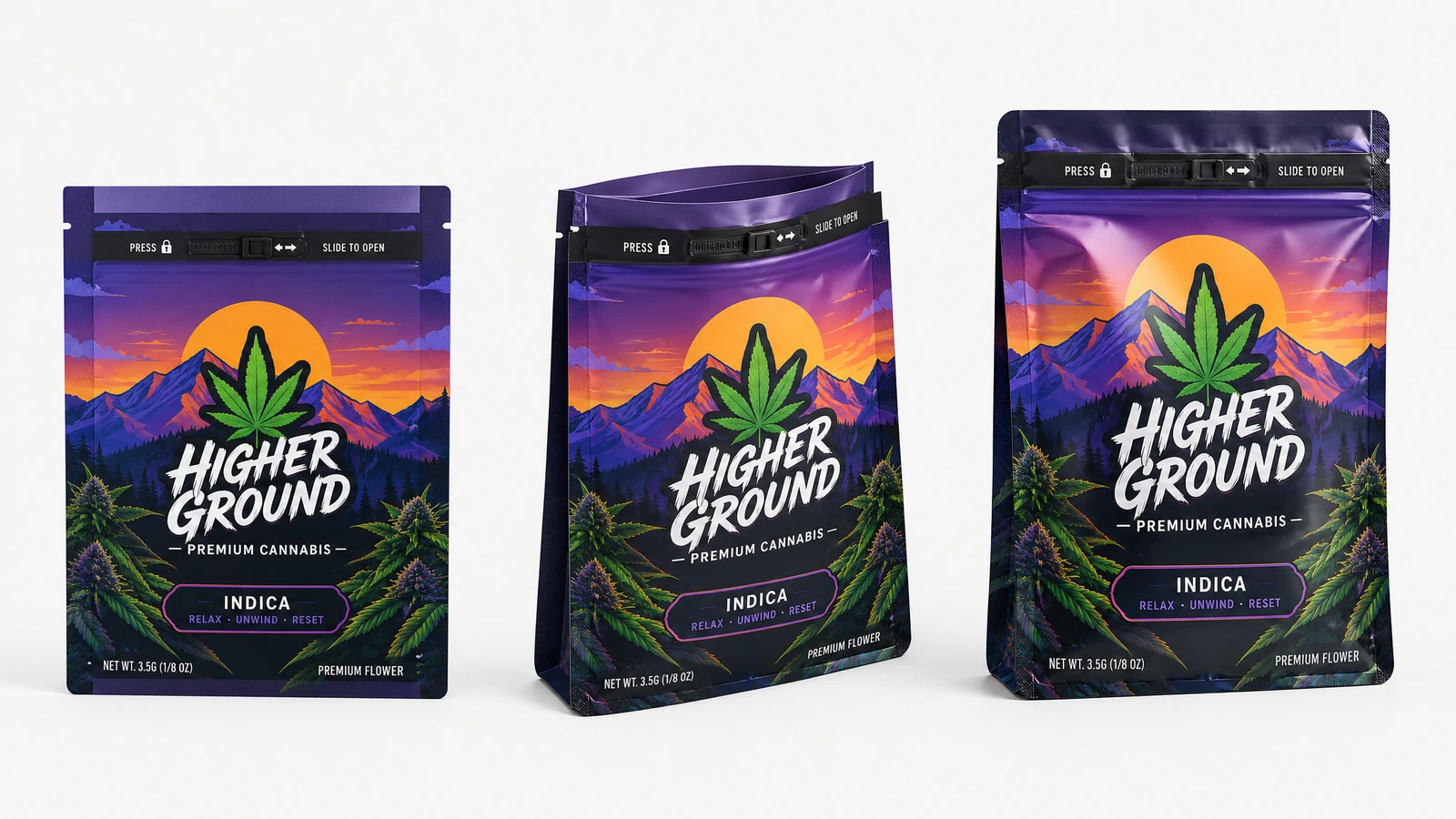 印刷袋侧面轮廓视图 三种视角展示带有山峦与大麻叶图案的紫色袋