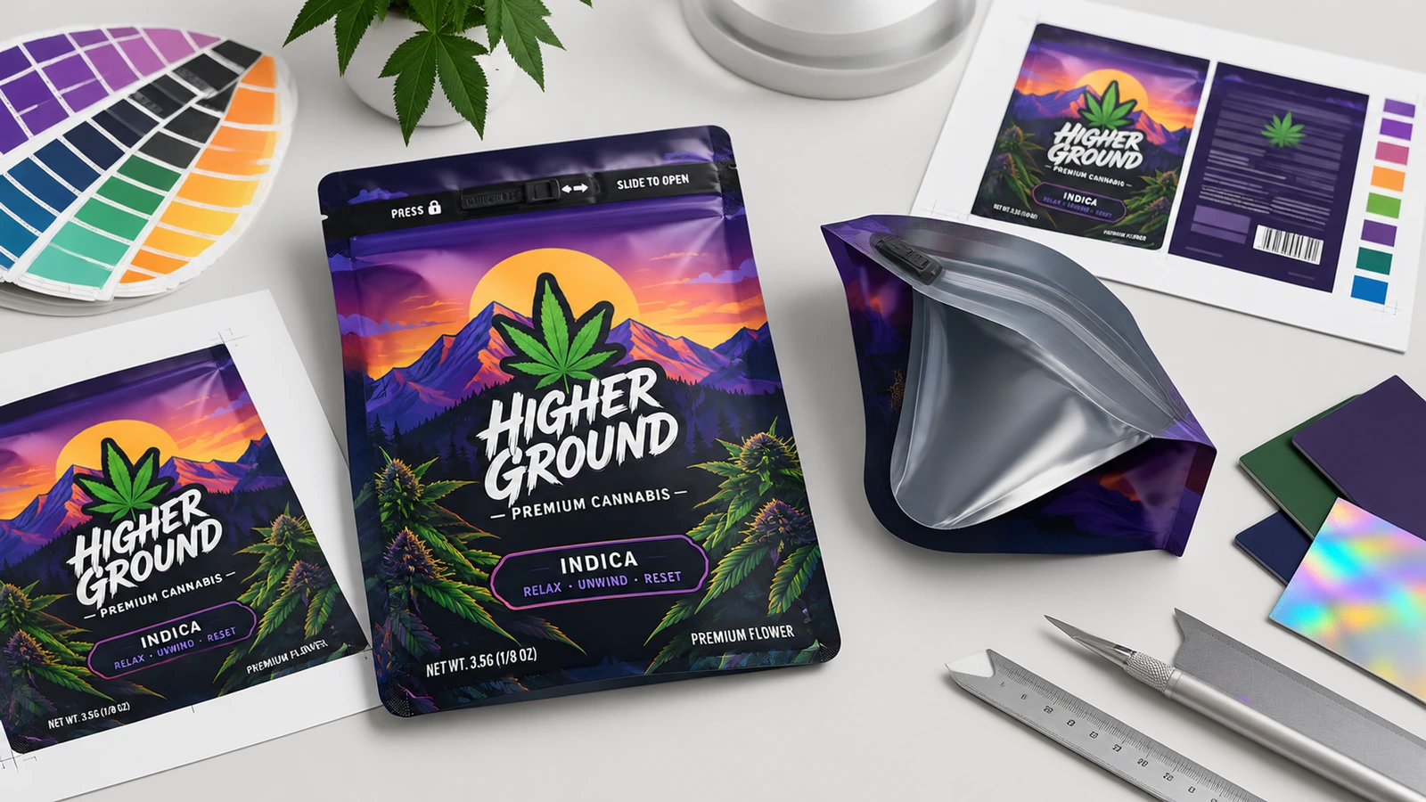 袋身图稿与样品概念 紫色大麻主题袋,旁边是印刷图稿、色样和一个展示内部的开口袋
