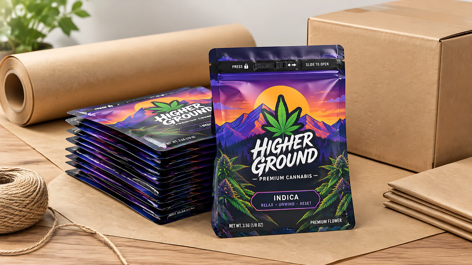 袋子与示意性包装材料 叠放的印刷袋和一个直立样品,旁边是牛皮纸和纸板箱