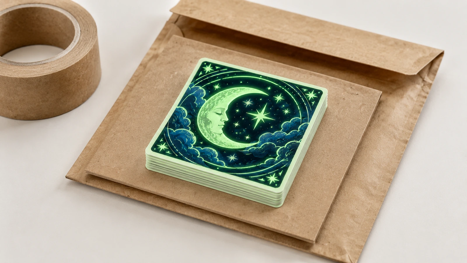 一叠星月图案方形贴纸放在牛皮纸信封上，旁边是一卷棕色胶带