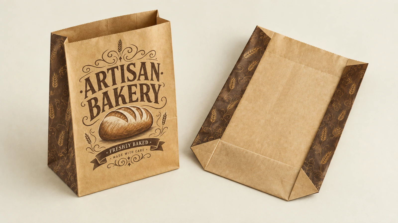 烘焙纸袋正面和背面视图 带图案侧板的棕色 ARTISAN BAKERY 纸袋正面与背面视图