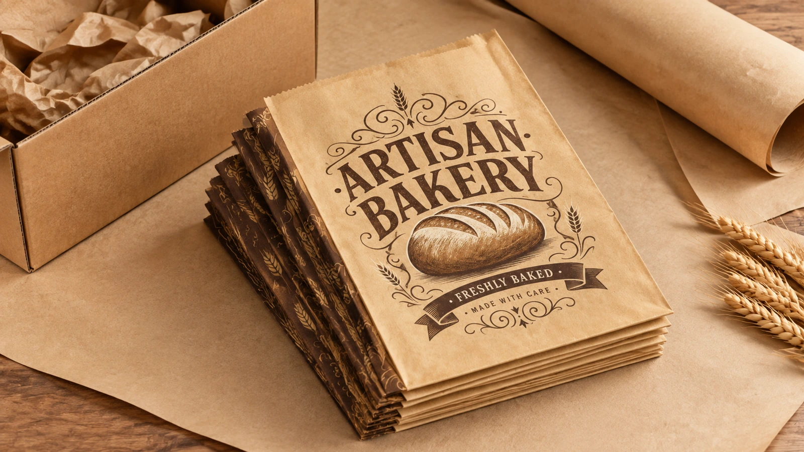 扁平烘焙袋及包装材料 一叠扁平的 ARTISAN BAKERY 袋子,旁边有纸箱、包装纸和小麦