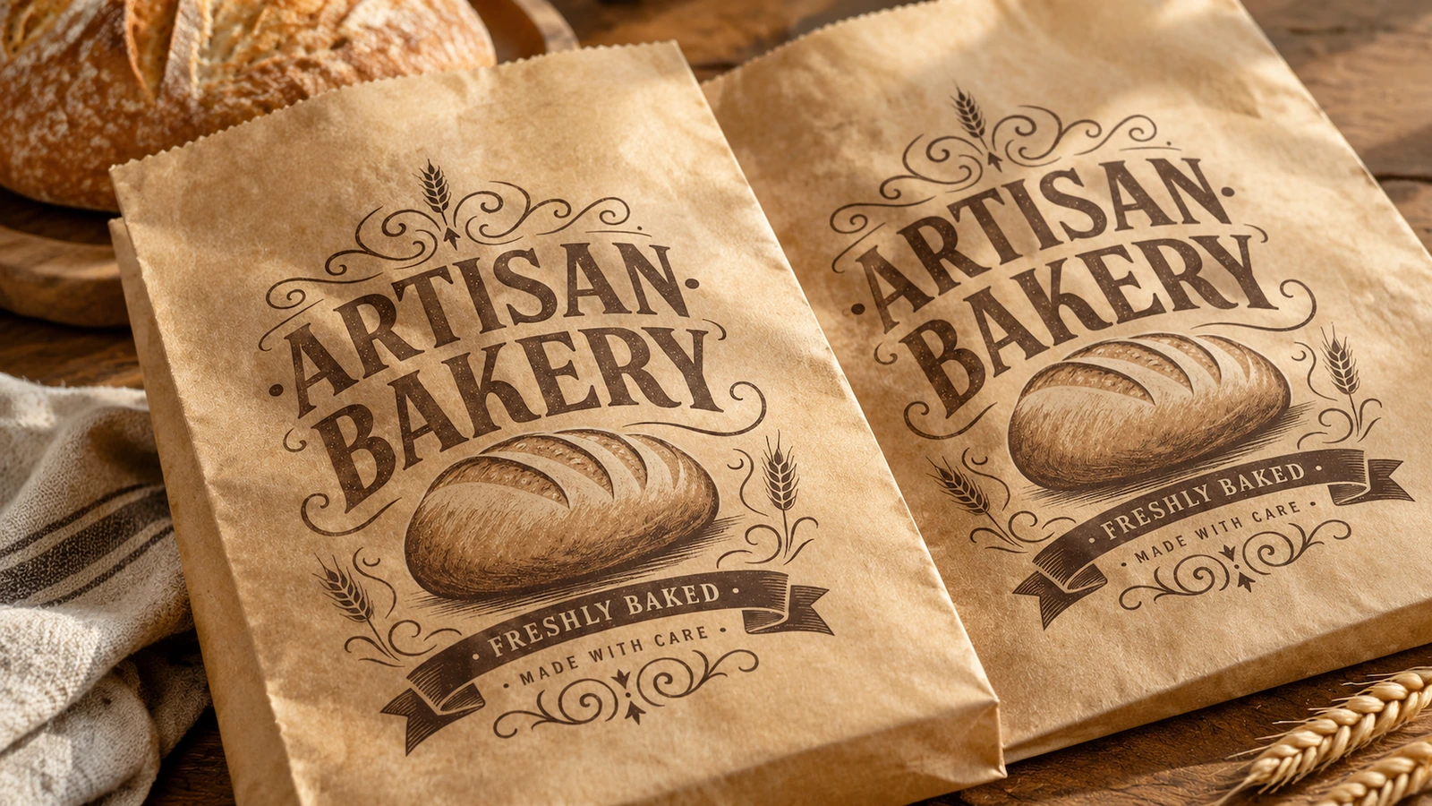 烘焙袋与面包 两只棕色 ARTISAN BAKERY 袋子放在面包和小麦旁边