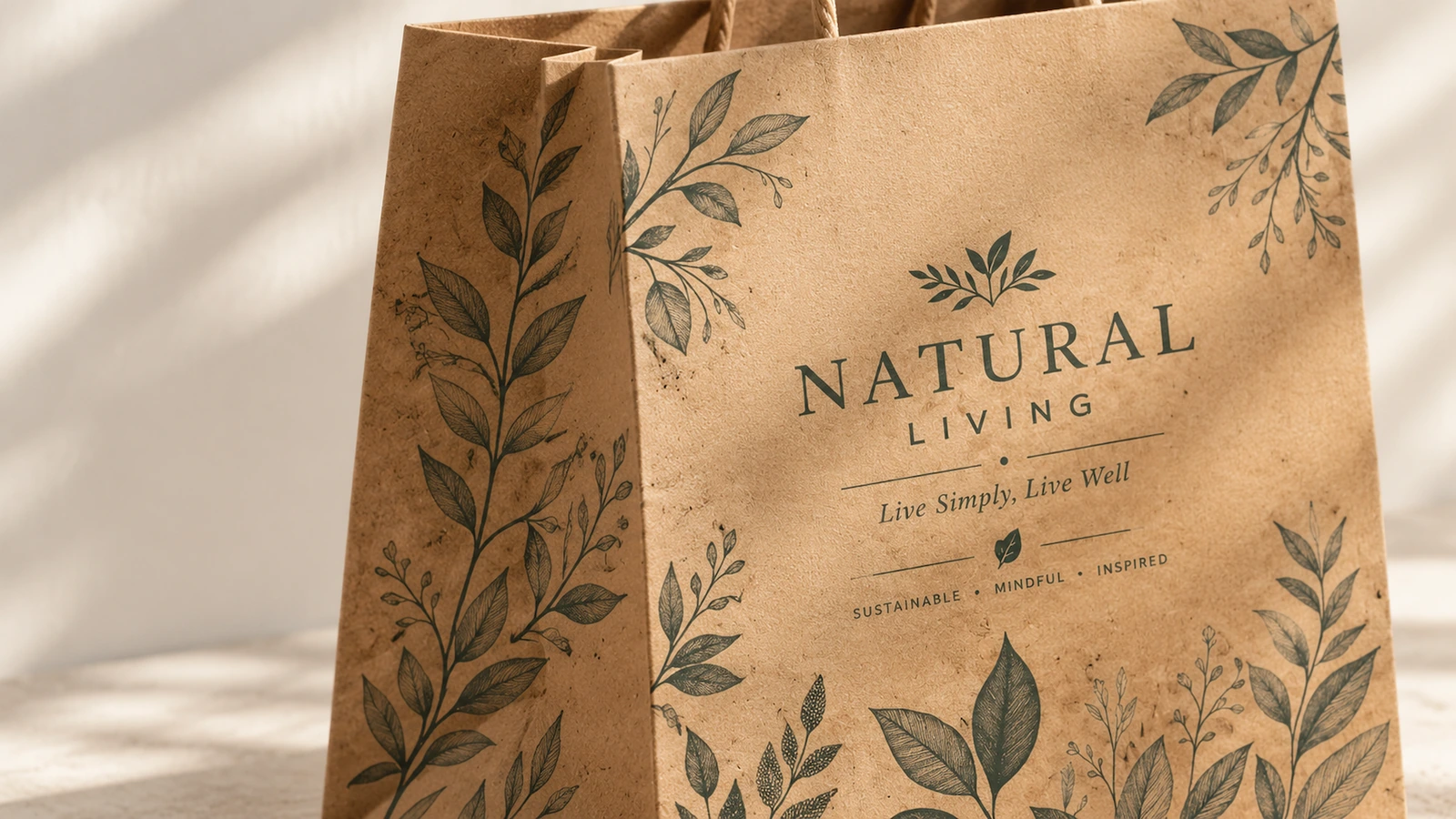 叶纹棕色纸袋 印有叶纹和“NATURAL LIVING”字样的棕色纸袋特写