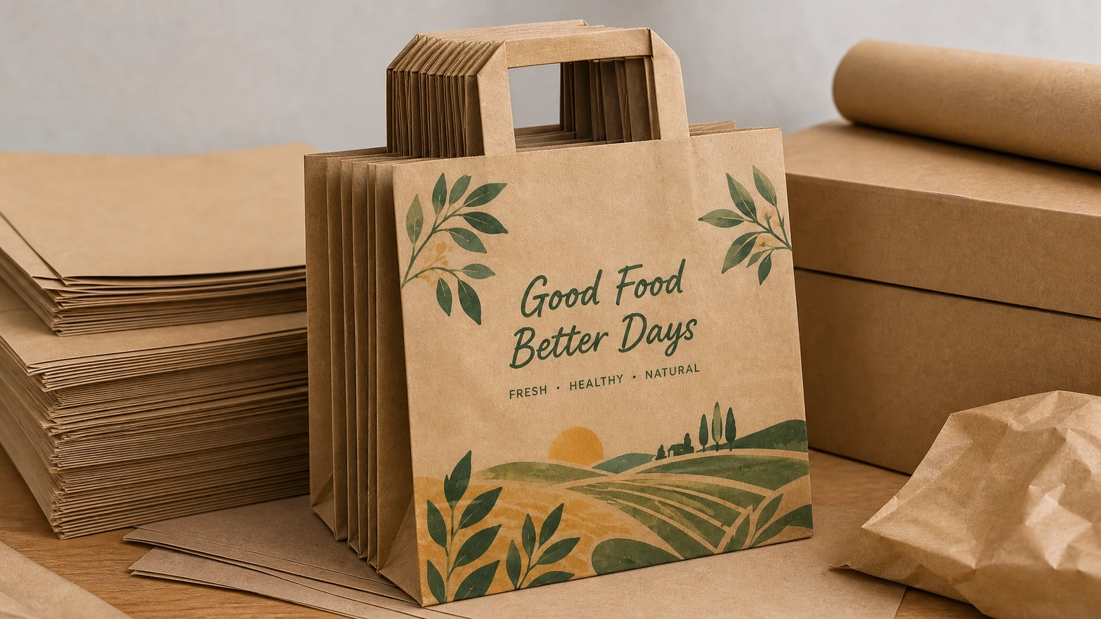平提手纸袋与包装箱 棕色平提手纸袋,印有“Good Food Better Days”图案,并排放在包装箱旁