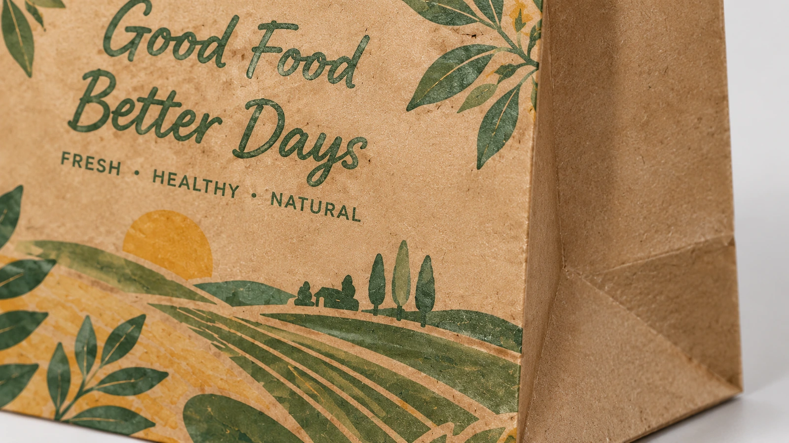 印刷棕色纸面 棕色纸面上 Good Food Better Days 字样与乡村图案的特写