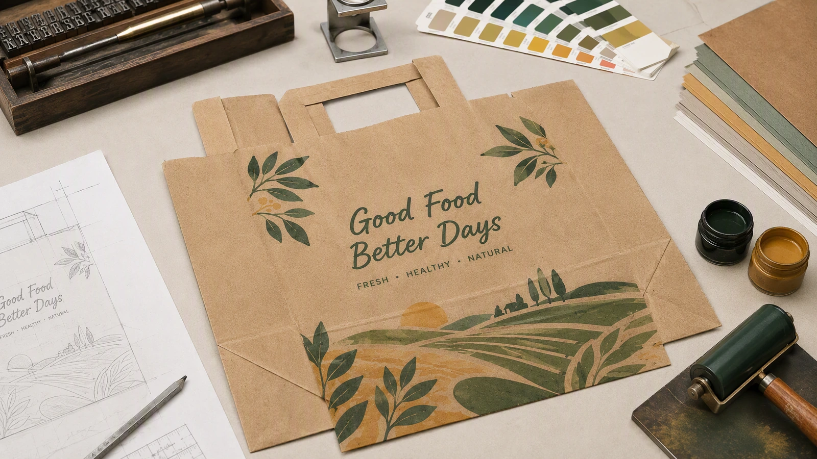 扁平提手袋的设计稿与印刷材料 棕色扁平纸袋,印有 Good Food Better Days 图案,旁边为图稿、油墨及色样