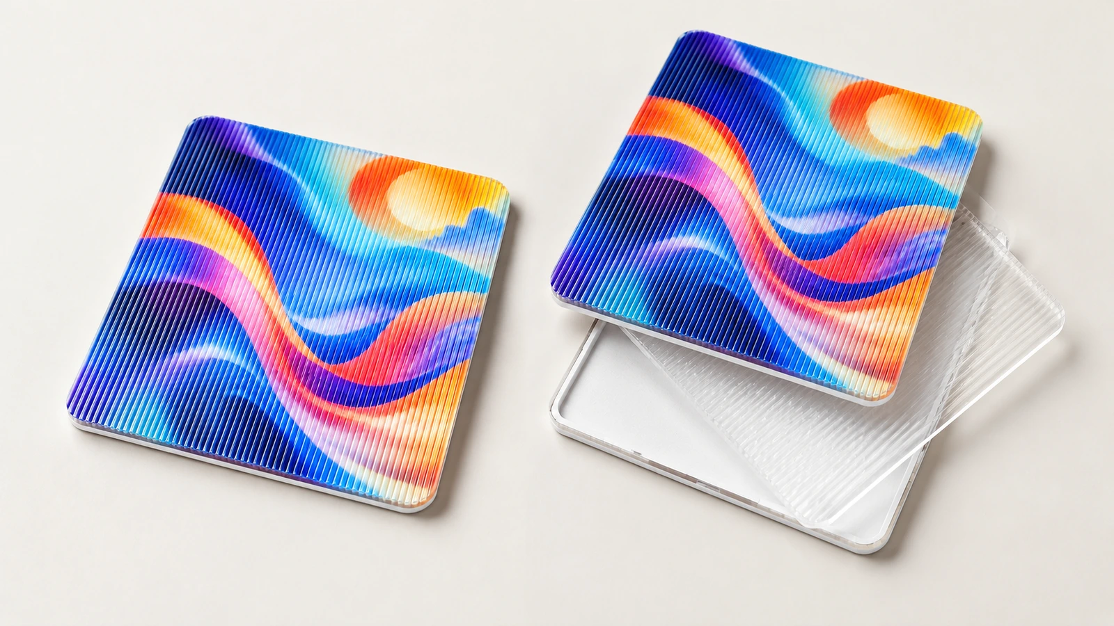 方形光栅样品分层 两个方形光栅样品,印有彩色波浪图案,其中一个放在透明纹路层的上方