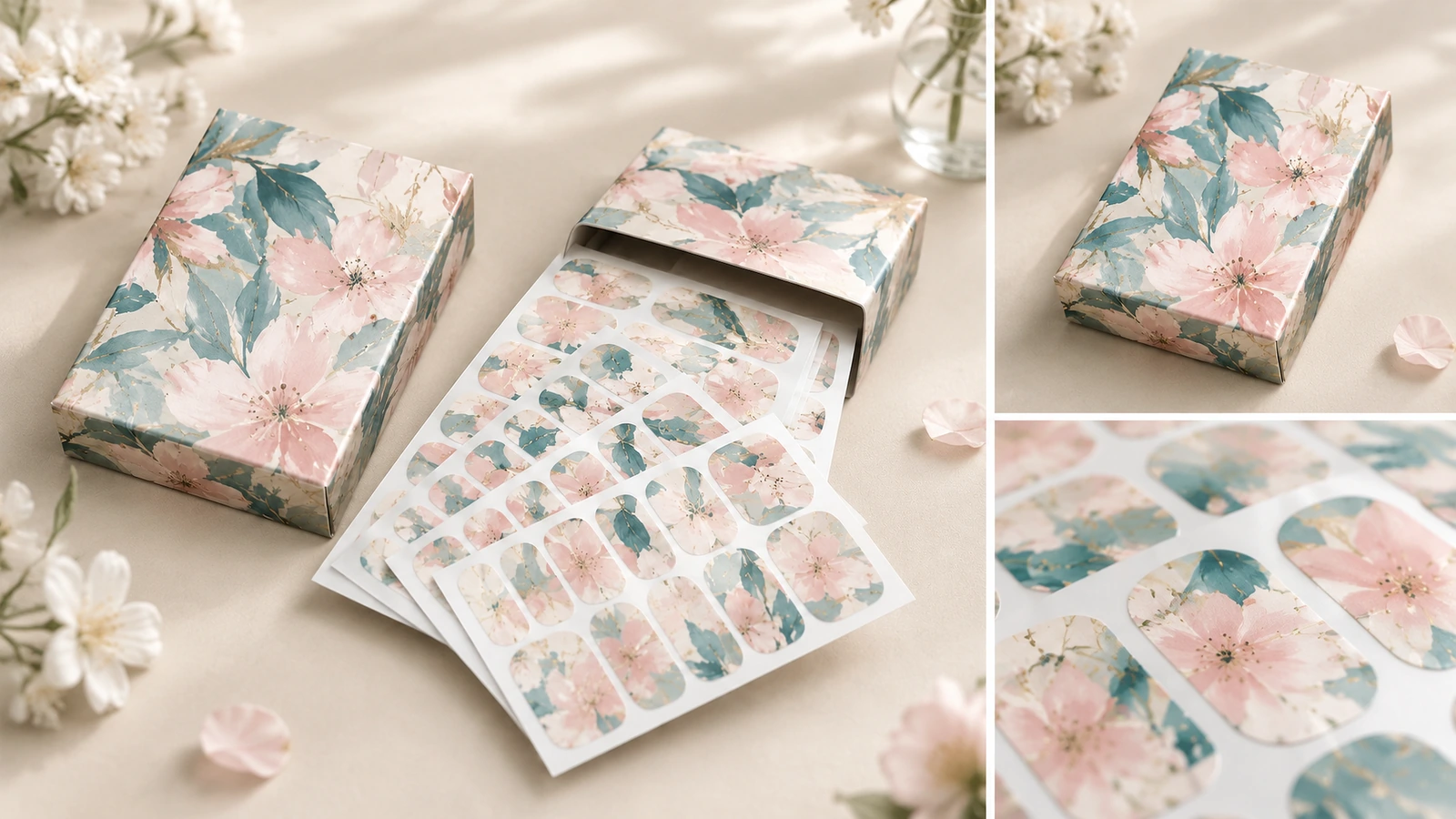 花卉甲片贴产品及包装拼贴图 花卉甲片贴纸拼贴图,包括一个封合的印刷包装盒及甲片贴细节特写