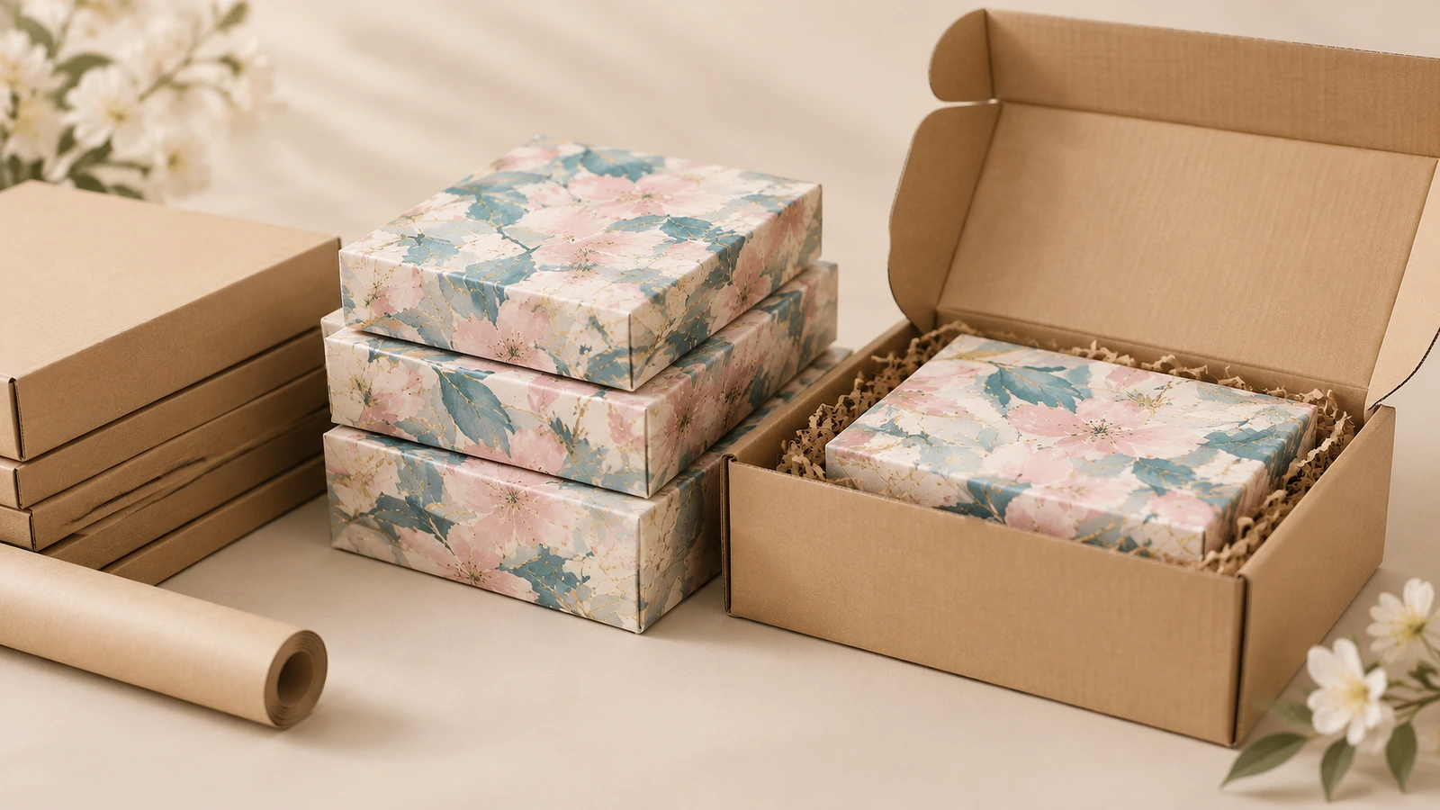 甲片贴包装盒与防护邮寄袋 花卉产品包装盒叠放在一个打开的牛皮纸邮寄袋旁,袋内有纸质缓冲材料