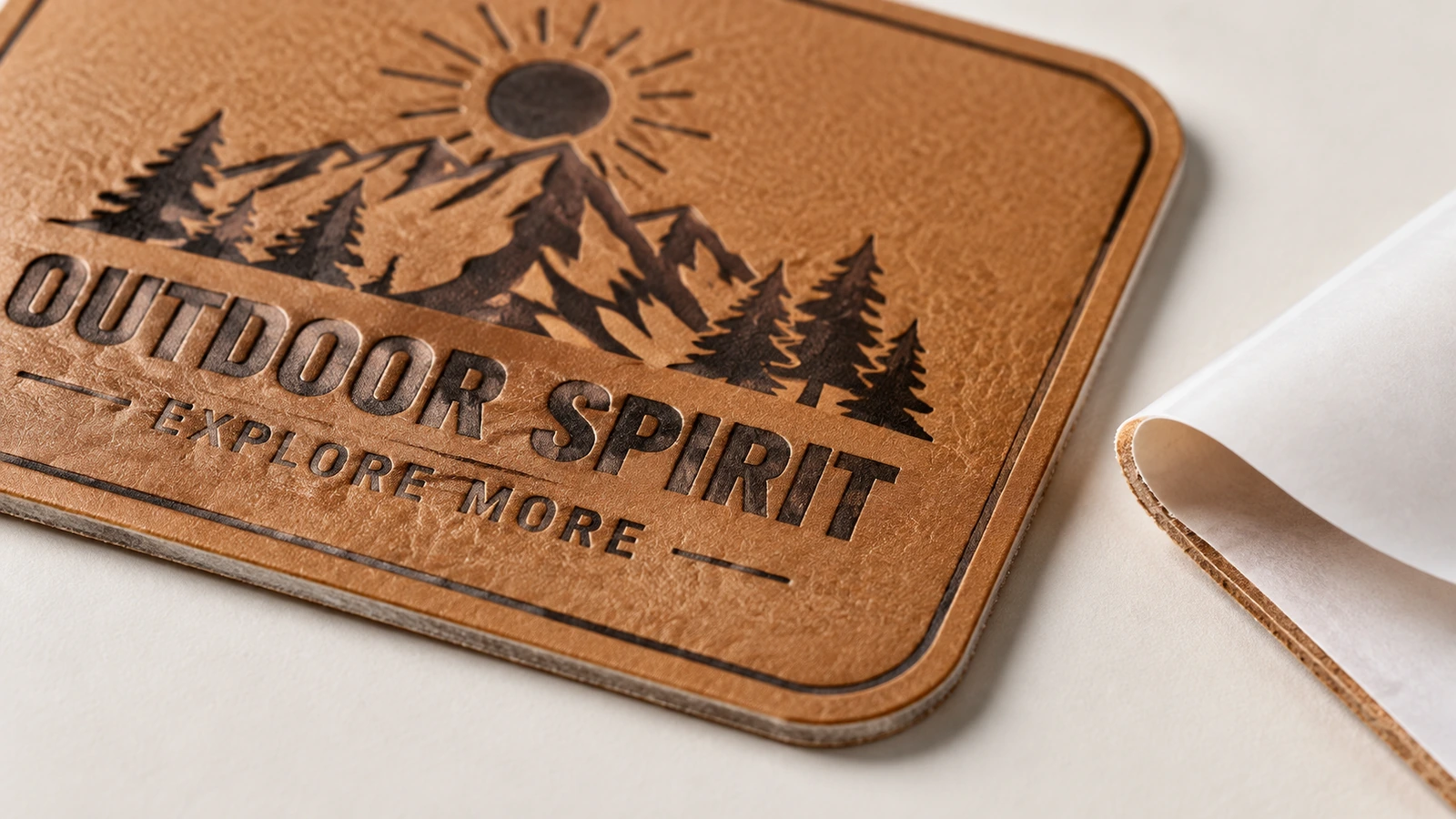 PU 皮革标签纹理与 logo 细节 带 Outdoor Spirit 山形 logo 的棕色 PU 皮革标签特写,表面带纹理