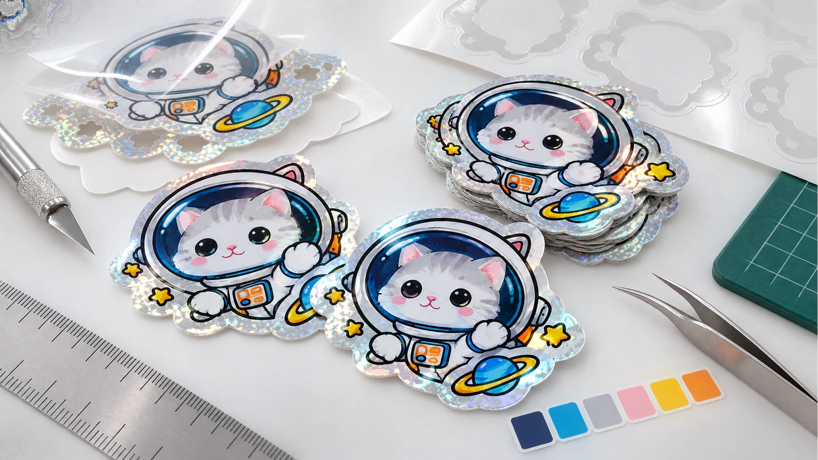 工作台上的宇航员猫贴纸样品 宇航员猫模切贴纸,带有闪亮图案边框,与尺子、切割工具和色卡并排摆放