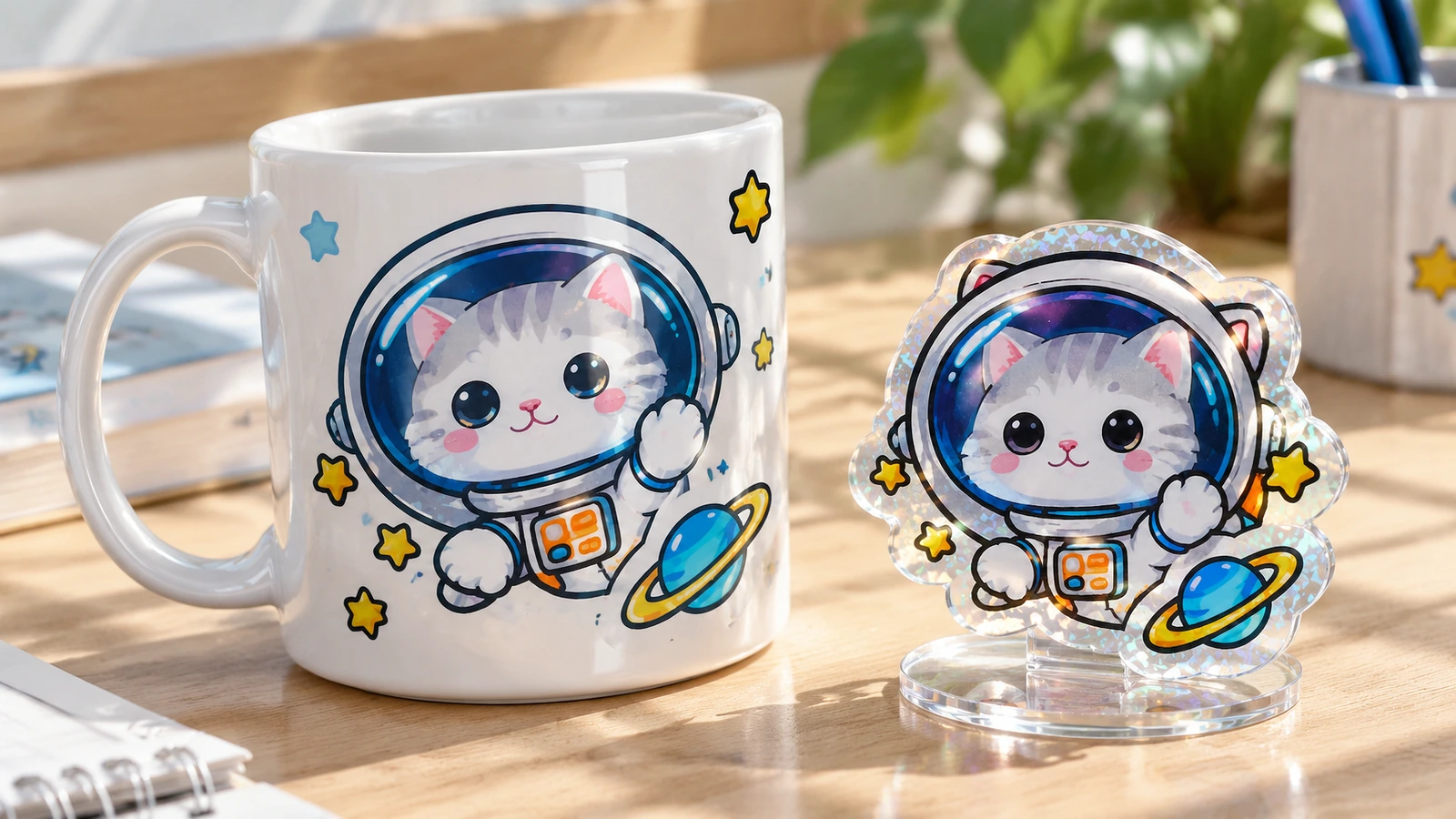 马克杯与展示架上的宇航员猫设计 白色马克杯上的宇航员猫设计,旁边是同款切割件,放在透明支架上展示