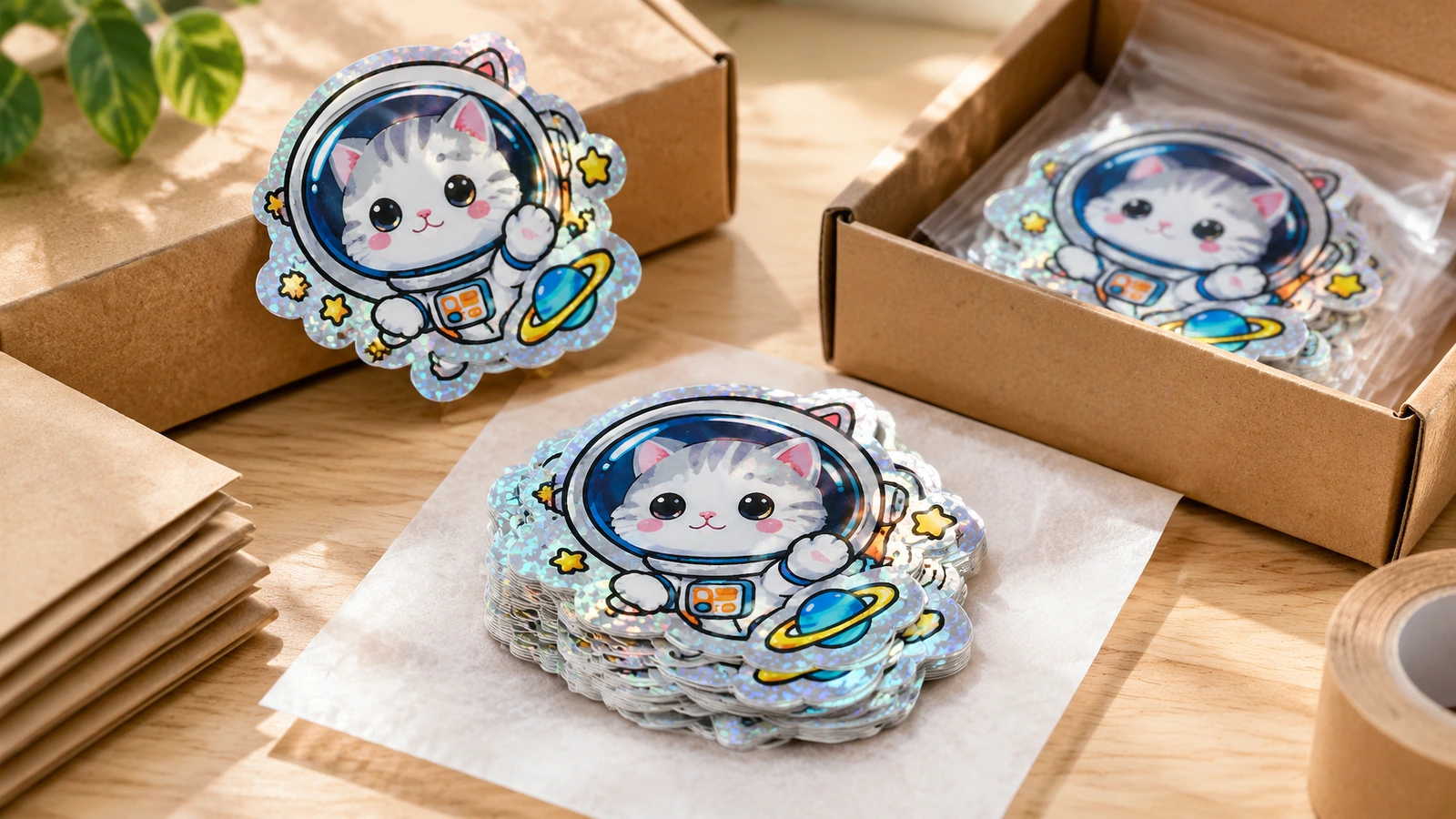 宇航员猫贴纸与牛皮纸包装 宇航员猫贴纸与牛皮纸包装并排摆放,贴纸叠放在包装纸上,另有包装好的贴纸放在敞开的盒子里