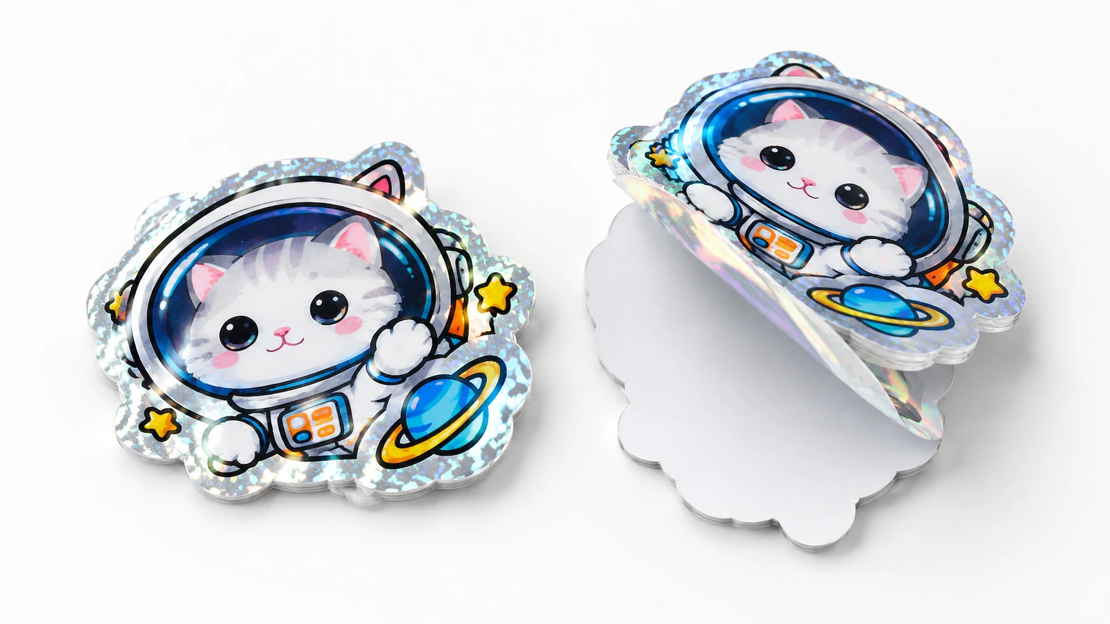 宇航员猫贴纸与可掀起的底纸 两张宇航员猫模切贴纸,其中一张局部掀起,露出白色底纸