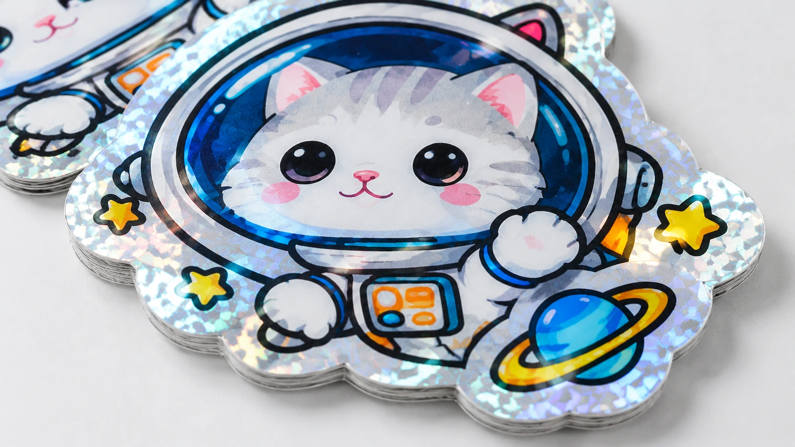 宇航员猫贴纸设计稿特写 叠放的宇航员猫贴纸特写,带有闪亮图案边框、星星和蓝色环形行星