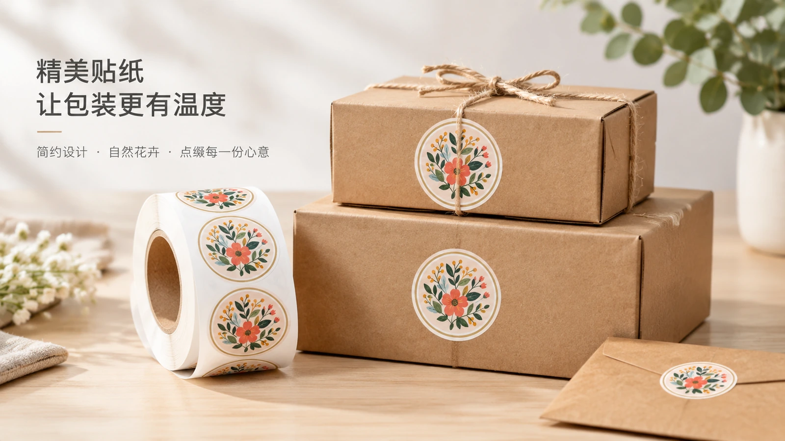 花卉标签搭配牛皮纸礼品包装展示 一卷花卉标签旁边放着叠放的牛皮纸礼盒和一个贴有配套标签装饰的信封
