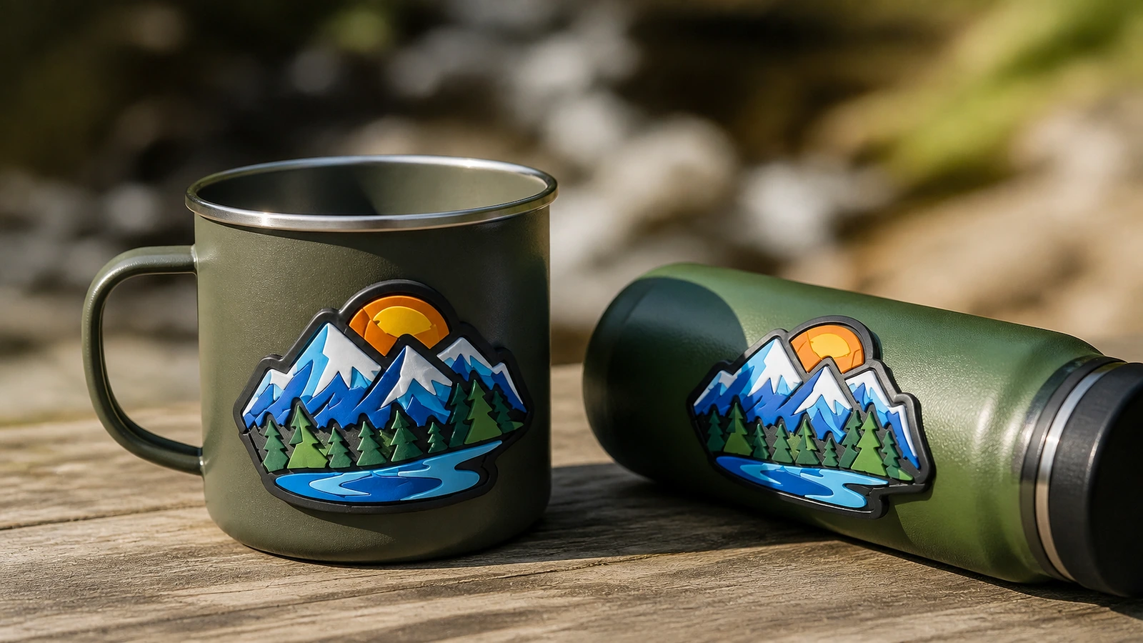 杯子和瓶子上的标签应用场景 山地设计标签展示在露营杯和瓶子上,旁边是溪流